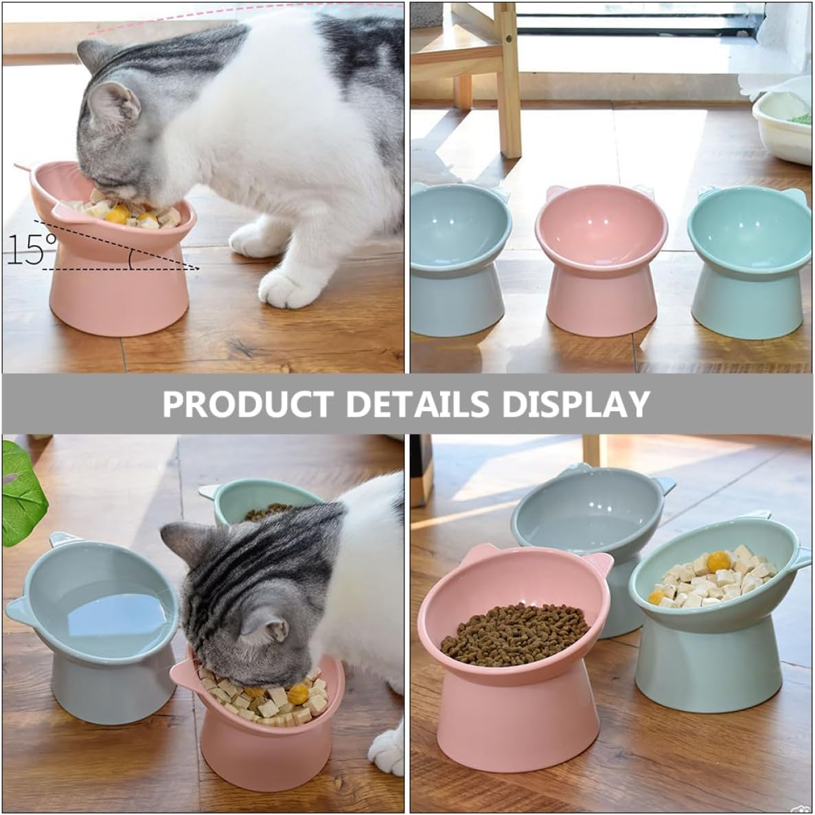 Gadpiparty 2Pcs Elevated Cat Feeding Bowls with Neck Guard, Raised Plastic Pet Bowls for Cats and Kittens, Anti-Spill Pink and Blue Compact Food Dishes for Daily Use image number 3
