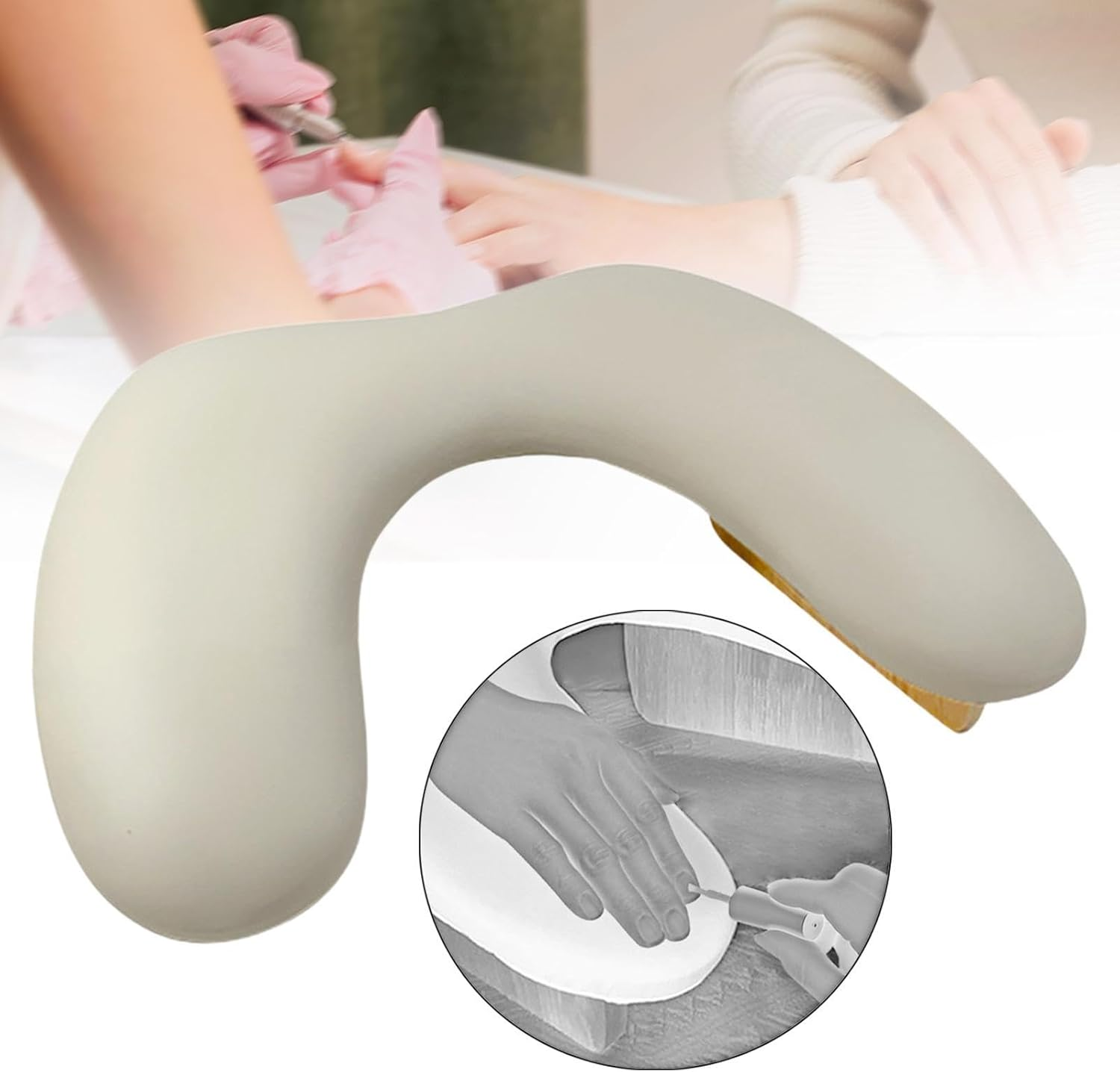 Eigell Nail Arm Rest Cushion Hand Cushion Wooden Base Portable Built in Sponge Palm Rest Holder for Manicurist Home Women Nail Salon, Light Brown image number 5