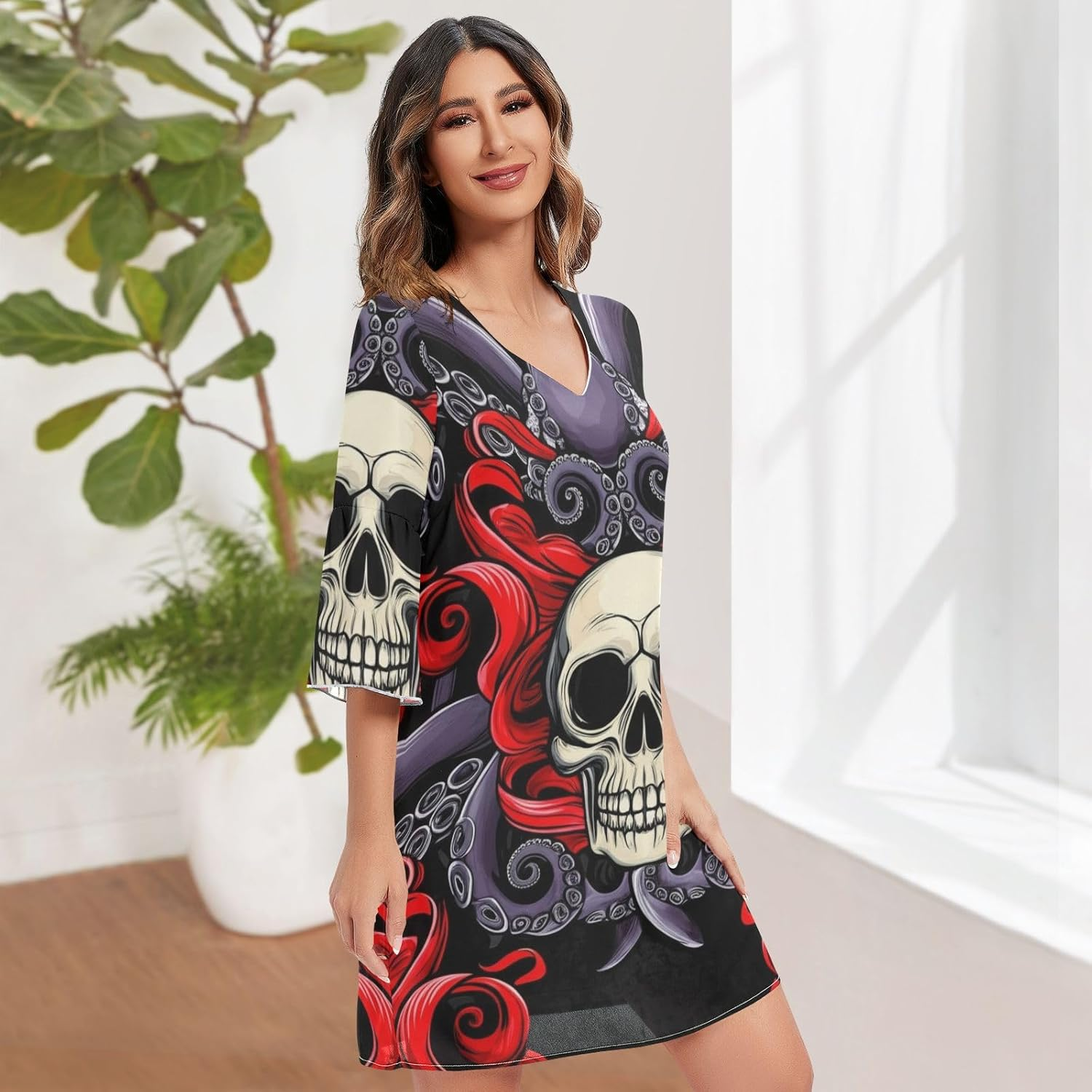 Funny Skull Red Purple Western a Line Dress Printed Line Maternity Dress S-XXL image number 3