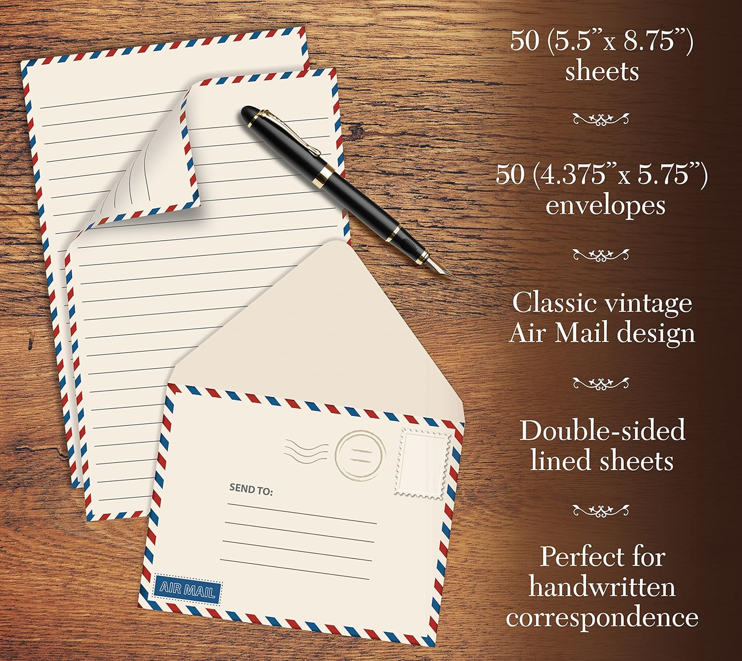 Better Office Products Mini Stationery Set, 100 Piece Set (50 Lined Sheets + 50 Matching Envelopes), 5.5 X 8.25 Inch, Vintage Airmail Design, Double Sided Printing, Double Side Lined Paper, By image number 1