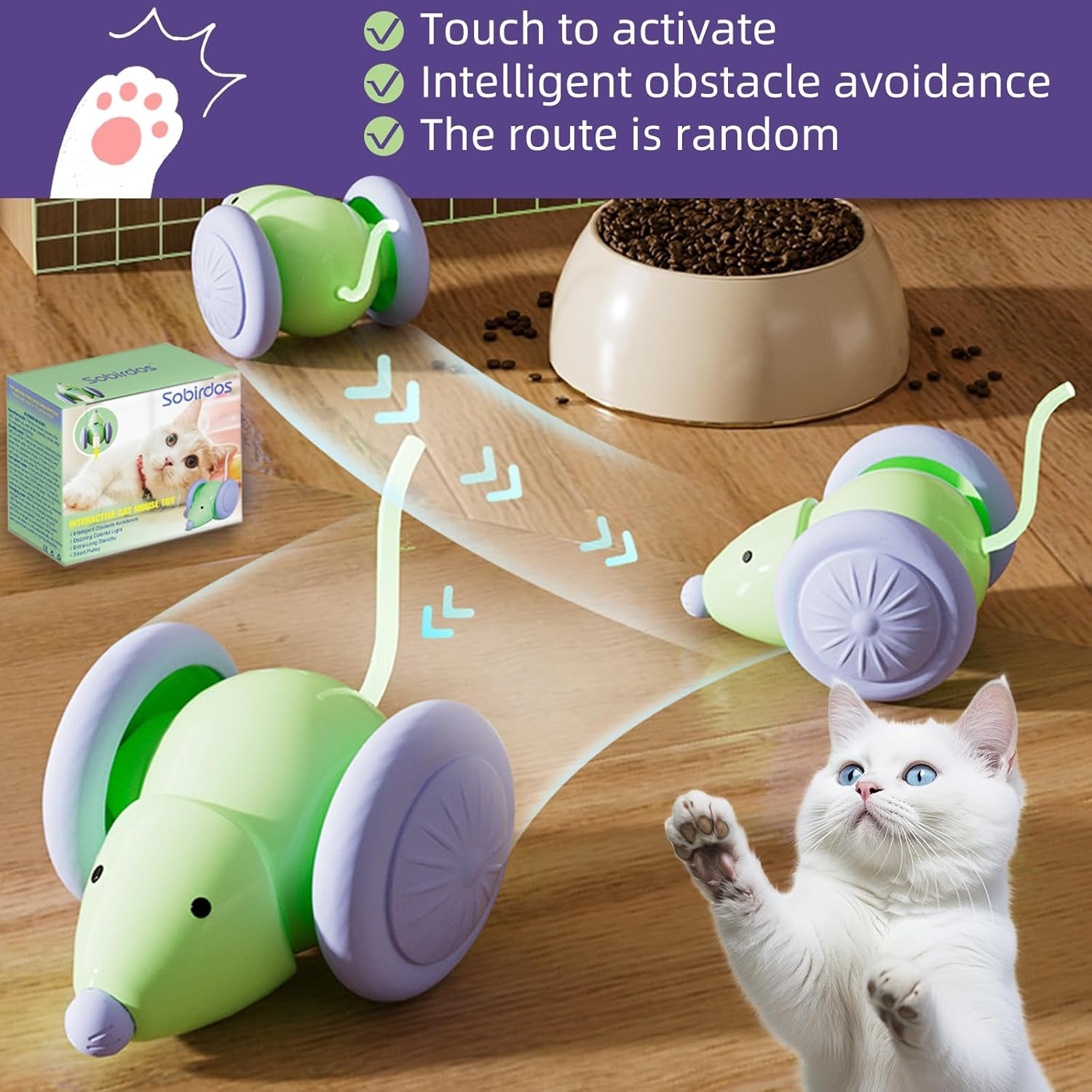 Sobirdos Smart Electric Cat Toy, Cat Toys for Indoor Cats,Interactive Mouse Toy, Kitten Toys,Interactive Cat Toy, Automatic Cat Toy,Silent Cat Toy with LED Lights,Auto On/Off,Usb Rechargeable(Green) image number 5