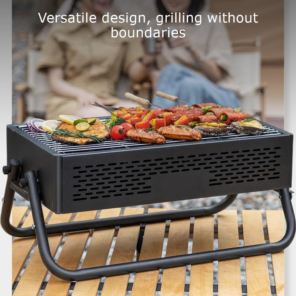 Rectangle Folding Barbecue Grill with Durable Material, Stainless Steel Charcoal Grill, Cooking Tea and BBQ Set, Portable BBQ Tool Kits, Suitable for Garden Picnic Outdoor Cooking (Black) image number 2