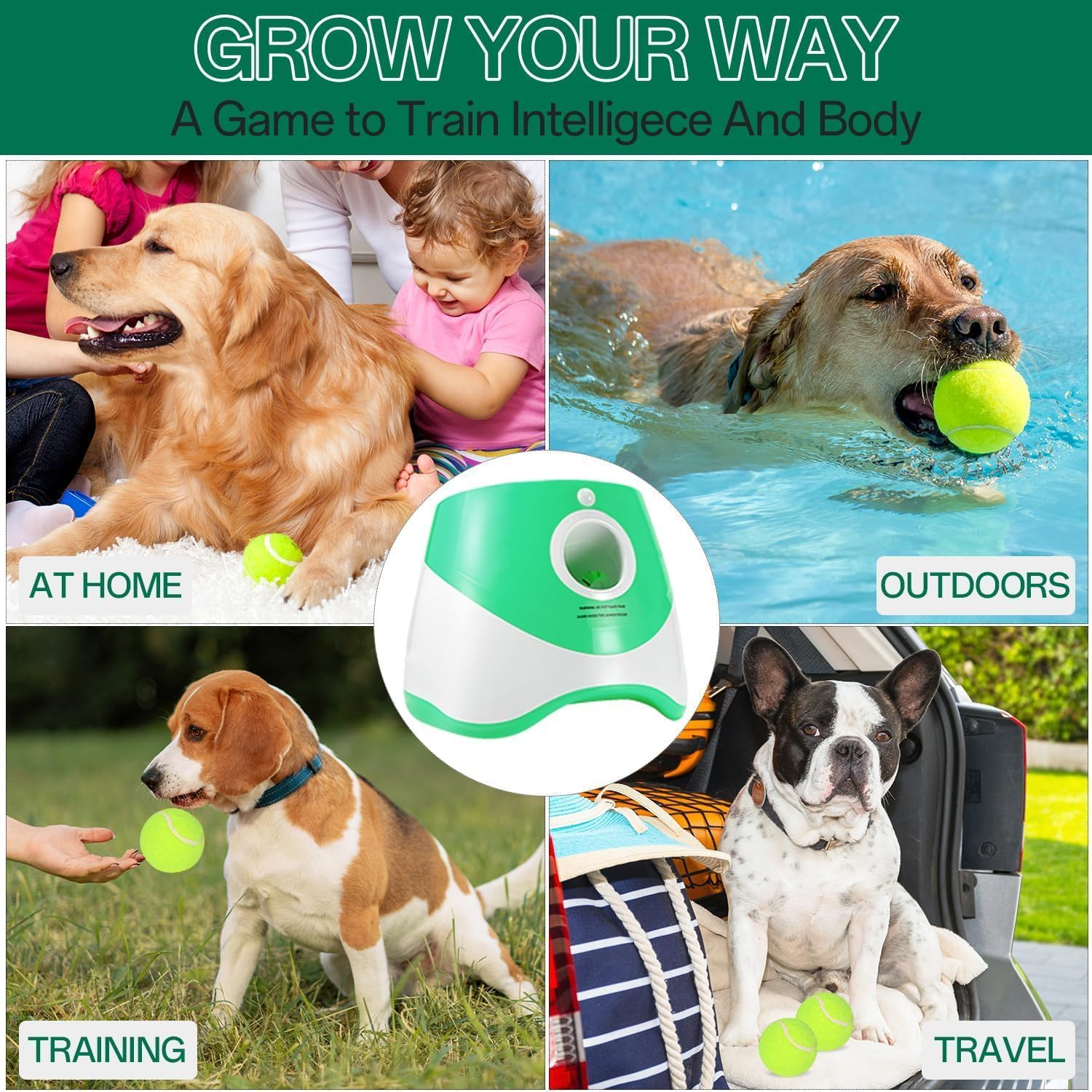 Automatic Dog Ball Thrower Launcher with 3 PCS Tennis Balls(2 Inch),Adjustable Thrower Distance 10-30 Ft,Interactive Dog Fetch Machine Toy for Small and Medium Dogs Portable (Grass Green) image number 3