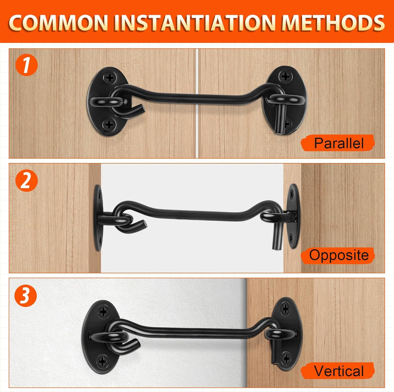 2 Pack Hook and Eye Latch, 4 Inch Black Cabin Hooks Stainless Steel Eye Gate Latch Easy Lock, Sliding Door Hooks Barn Door Catch Hardware with Screws for Outdoor Garden Shed Patio Window Wooden Gates image number 4