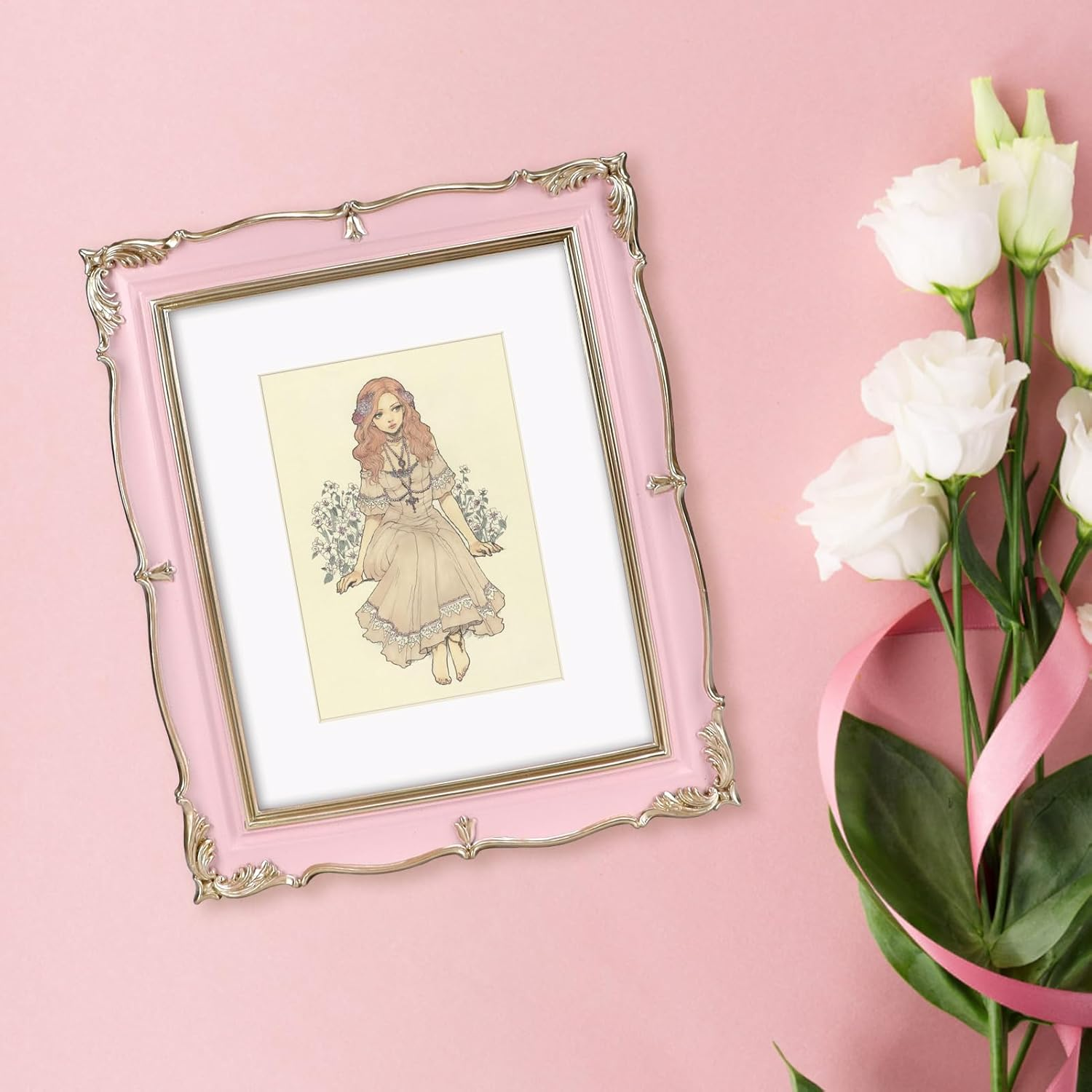 PHAREGE Vintage Picture Frame 8X10 Pink Gold, 8 by 10 Ornate Decorative Antique Frame with Mat for 5X7 Photo, Fancy Matted Frame for Desktop or Wall, Horizontal or Vertical