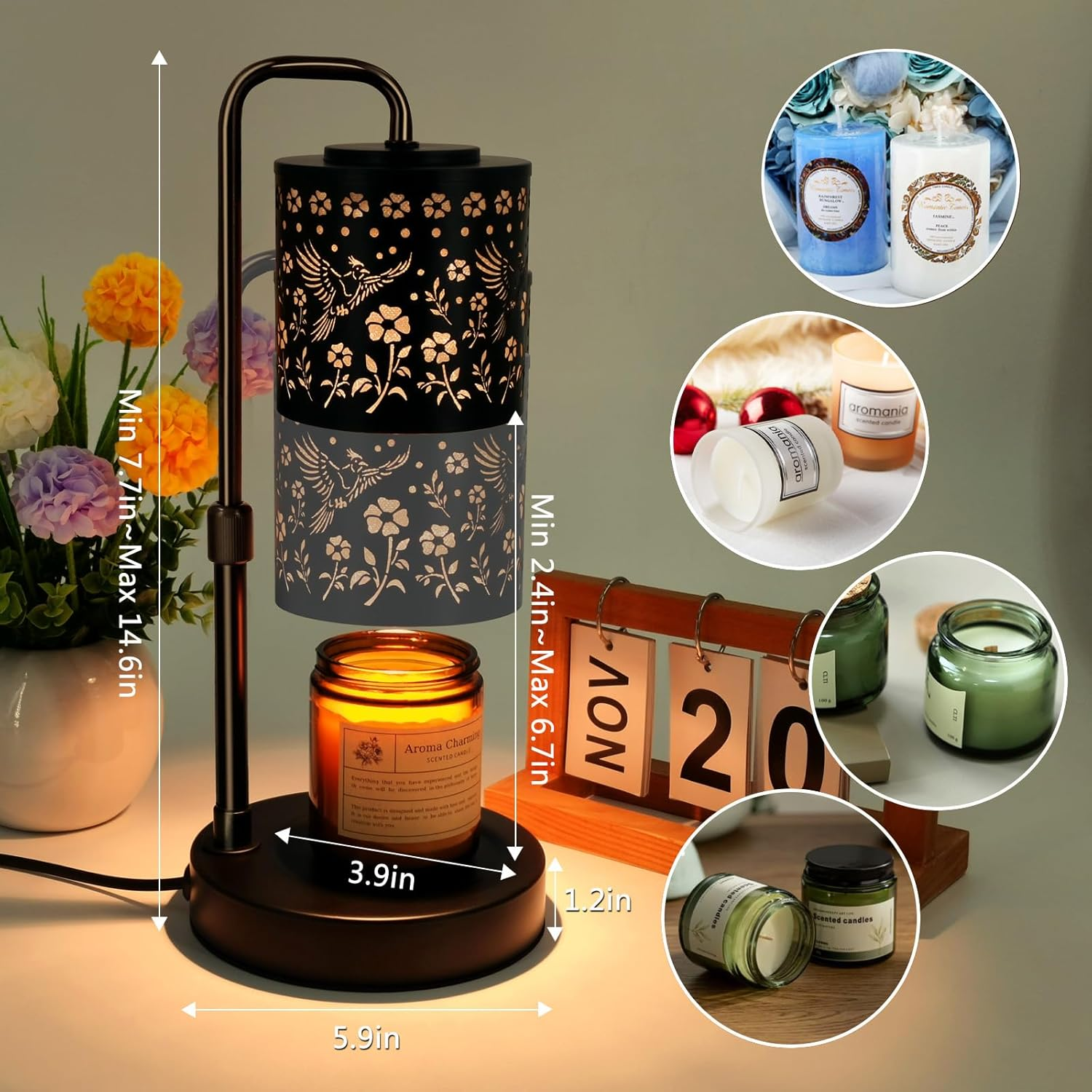 Candle Warmer Lamp with Timer & Dimmer, Adjustable Height Electric Wax Melt Warmer, Vintage Carved Craftsmanship for Scented Jar Candles, Mother&rsquo;S Day Gift, Home Decor image number 2