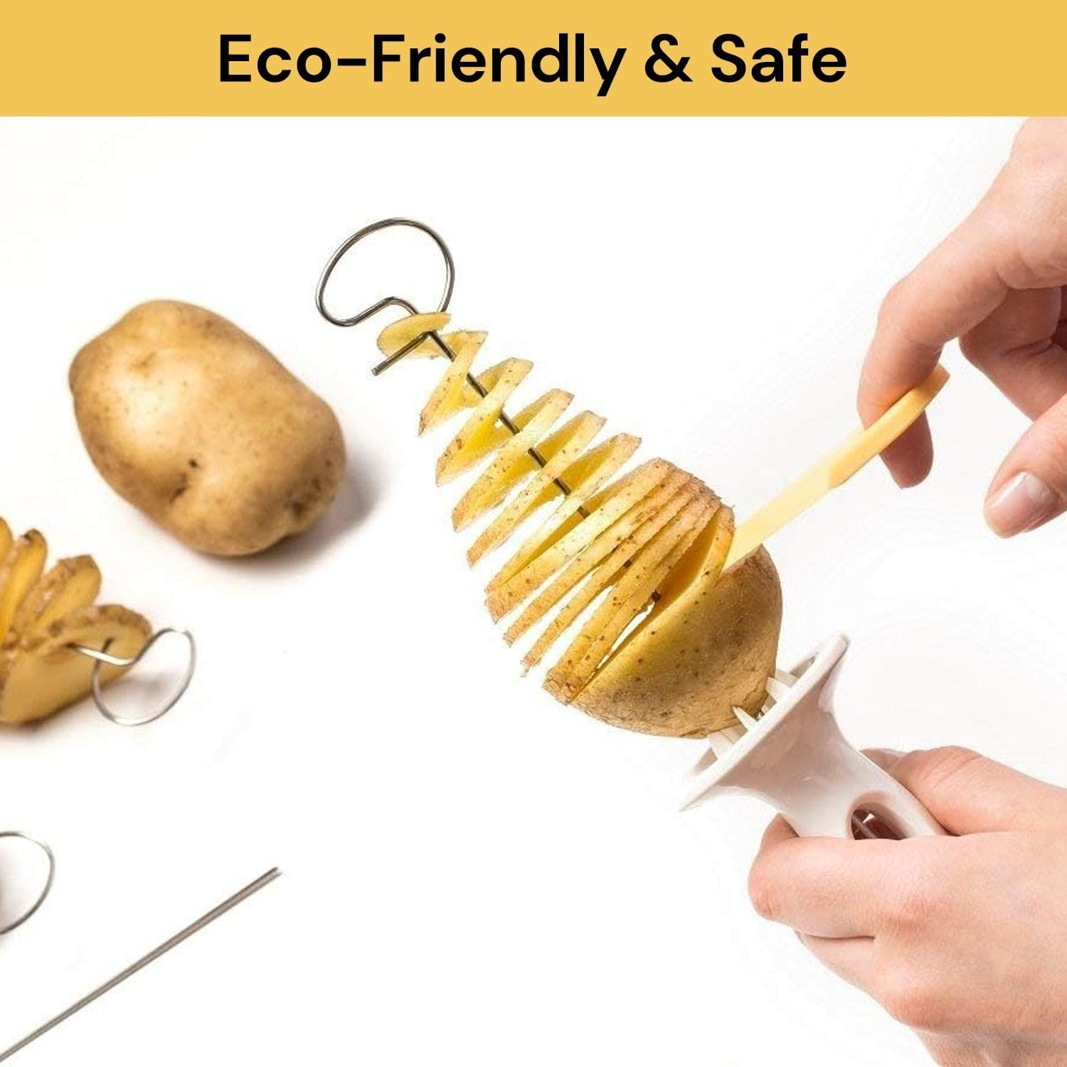 EZONEDEAL Spiral Potato Slicer Stainless Steel Manual Rotary Chips Wave Cutter Chopper Spiral Tornado Twister Roller for Potato Tower, Carrot Cucumber Barbecue, Fried, Gather, Party, Camping image number 3