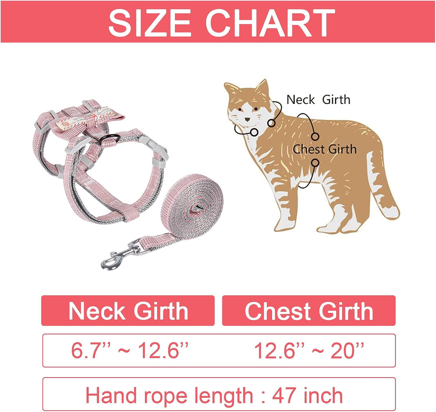 Cat Harness and Leash Set, Adjustable Mesh Pet Harness with Cute Bow European Style Chest Strap with Safety Buckle (Pink, M) image number 1