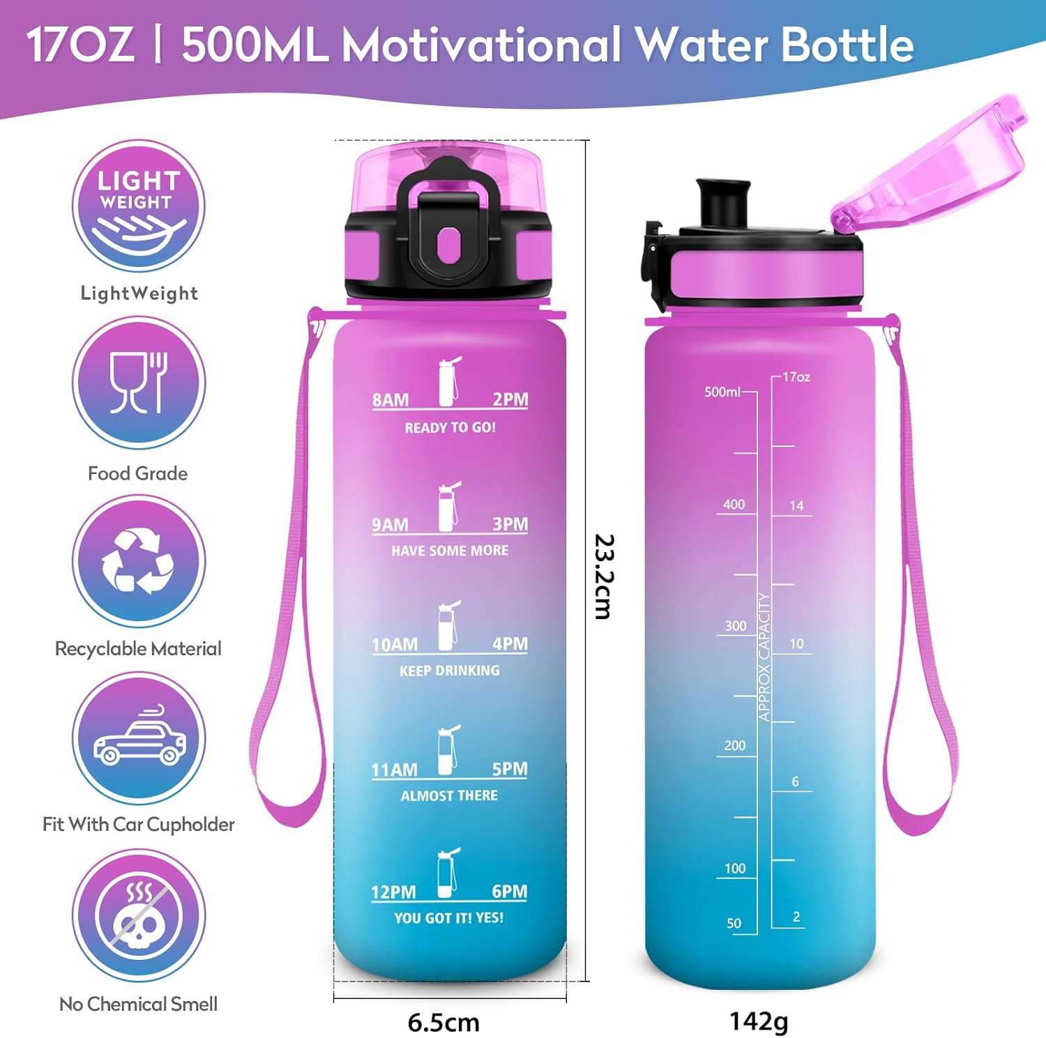 Water Bottle 500 Ml, Water Bottle with Time Marking, Water Bottle with Filter, Leak-Proof, Bpa-Free, Sports Bottle for Fitness, Bike, Office, School, Outdoor, Yoga, Adults, Suitable for Sparkling image number 4