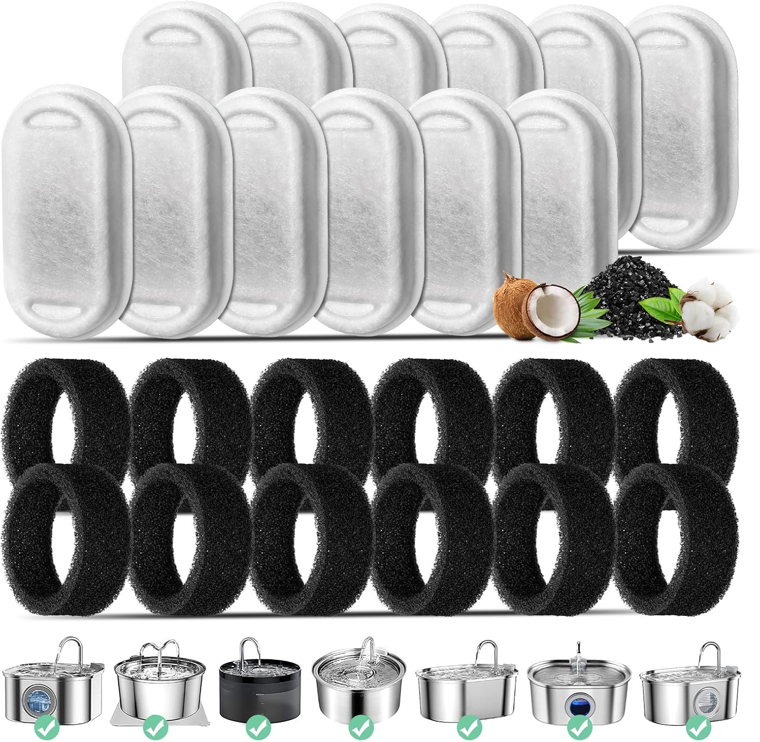 Cat Fountain Filter, Pack of 12 Replacement Filters for 108 Oz/3.2 L Stainless Steel Cat Fountain, 12 Pieces Carbon Filters and 12 Pieces Foam Filter Triple Filter for 2 L Drinking Fountain for Cats image number 2