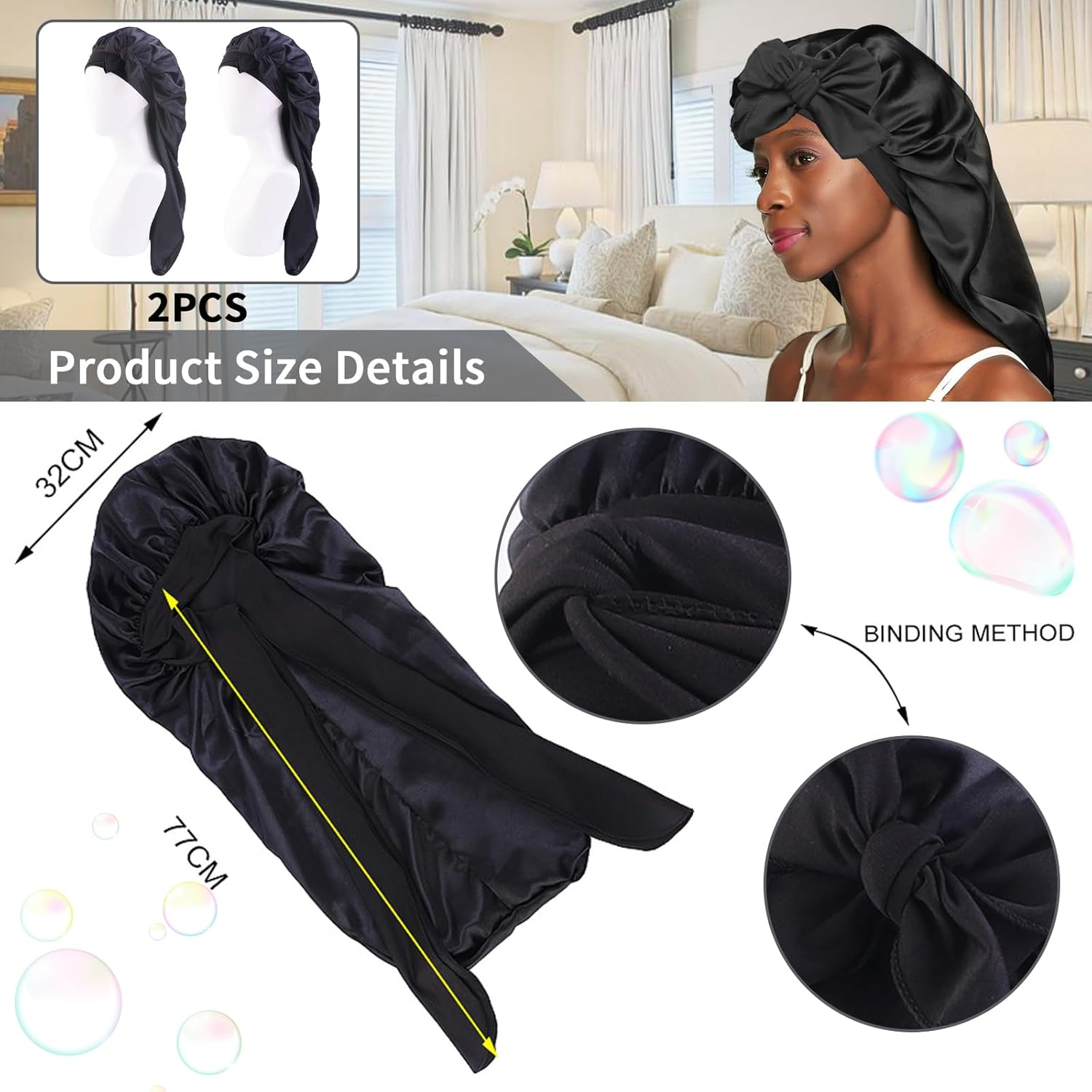 2PCS Satin Silk Hair Bonnet with Tie Band, Large for Braids Sleeping, Adjustable Sleep Cap for Women, Elastic for Long Hair - Purple image number 6