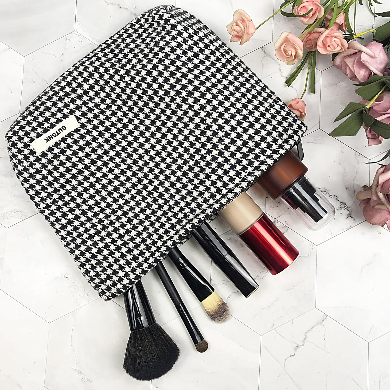 Makeup Bag for Women, Corduroy Cosmetic Bag Aesthetic Design Ladies Tote Bag, Pencil Case for Girls, Cute Smiley Face Makeup Organizer with Zipper, Black Houndstooth image number 5