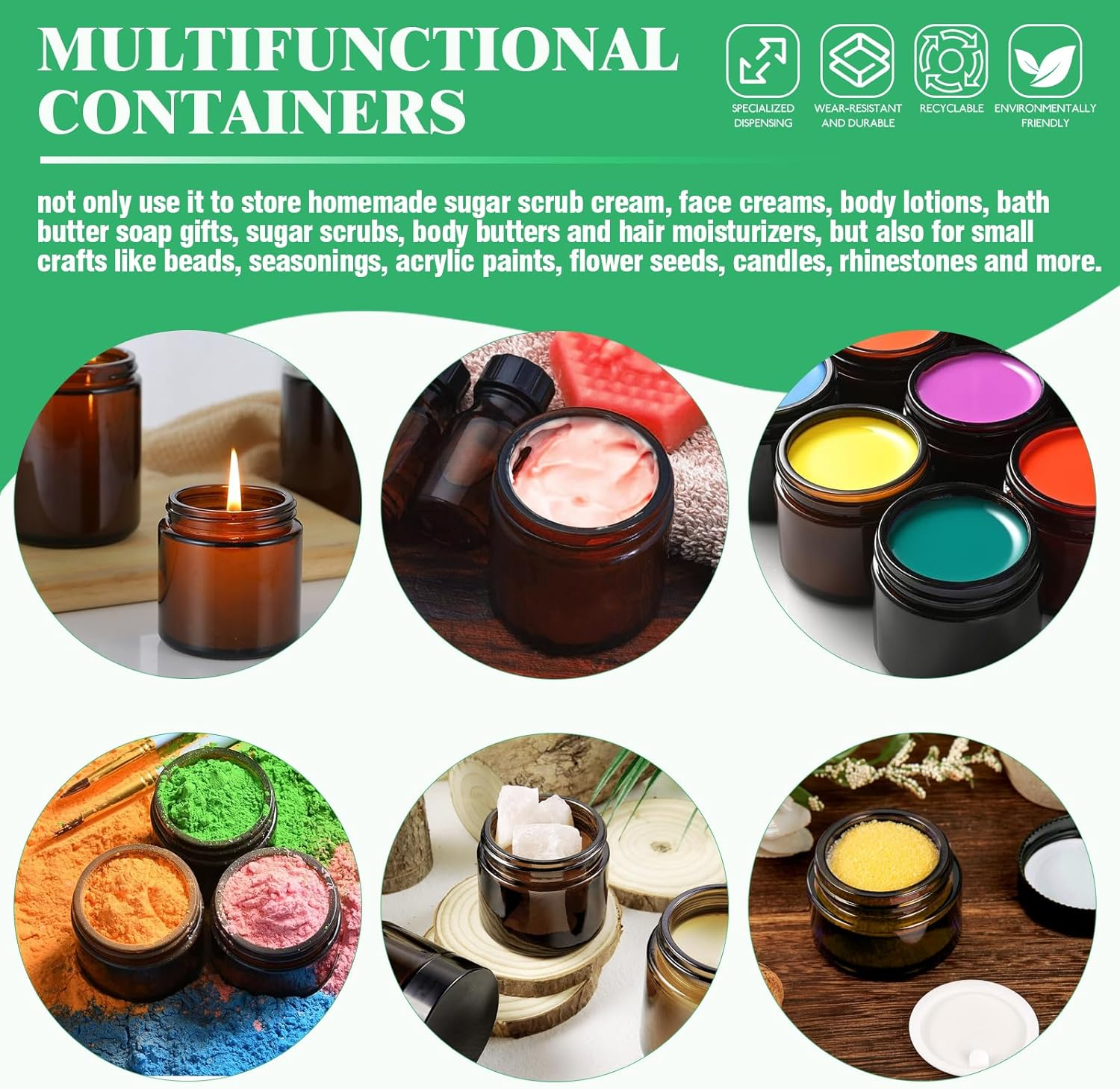 120Pcs 10G Amber Glass Jars Assortment Kit with Inner Liners and Black Lids, Spoons and Blank Labels for Storing Lip and Body Scrub, Lotion, Body Butter, Bath Salts image number 4