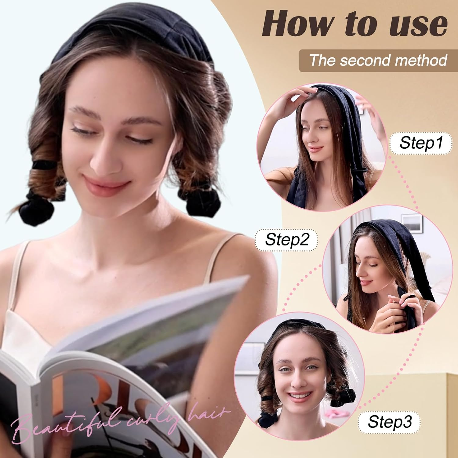 Heatless Curls Overnight to Sleep In, Satin Soft Heat-Free Curling Iron Set with Clips for Perfect Natural Curls, Long Short Hair （Pink or Brown）