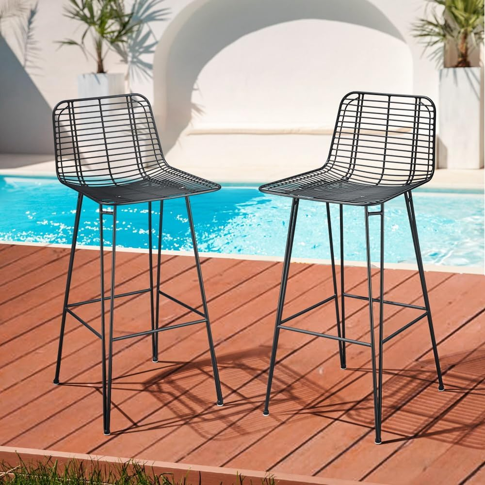 Furb Outdoor Bar Stools Set of 2, Metal Patio Bar Chairs, Outdoor Bistro Stools, Gardern Bar Stool with Backrest & Footrest (Black)