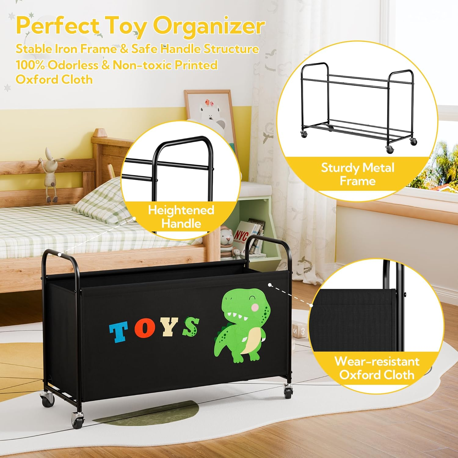 GRANNY SAYS Toy Chest with Wheels, 135L Extra Large Toy Storage Organiser, Metal Toybox Dinosaur, Toys Storage Box for Kids, Baby Toy Bin for Children Nursery Play Room Organizing Plush Toys, Black image number 4