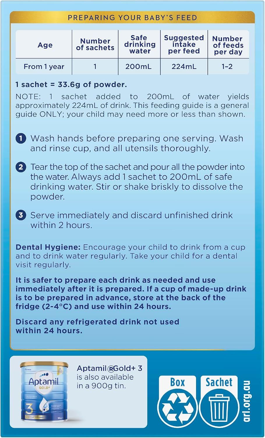 Aptamil Gold+ 3 Premium Toddler Milk Drink, Rich in Essentials Vitamins and Minerals, Toddler Formula with Probiotic & Prebiotic, from 1 Year, Powder Sachets, Easy to Carry on the Go, Pack of 4