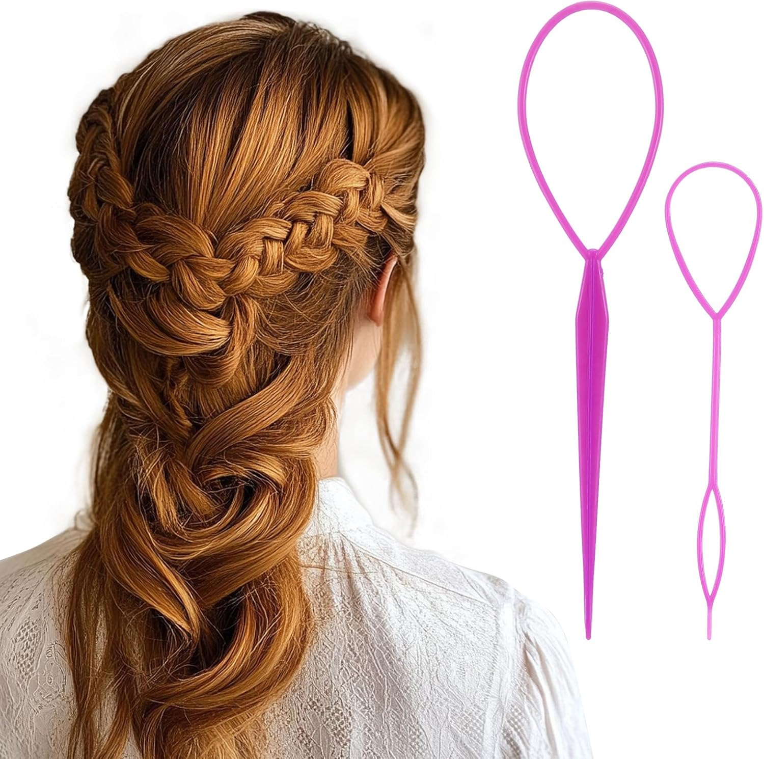 Oruola 12Pcs Hair Pull through Tool,Topsy Tail,Plastic Hair Braiding Tools,2 Sizes of Topsy Turvy Hair Tool for Women,Girls and Kids, Hair Flip Tool (Pink Purple Blue Rose Black Red) image number 2