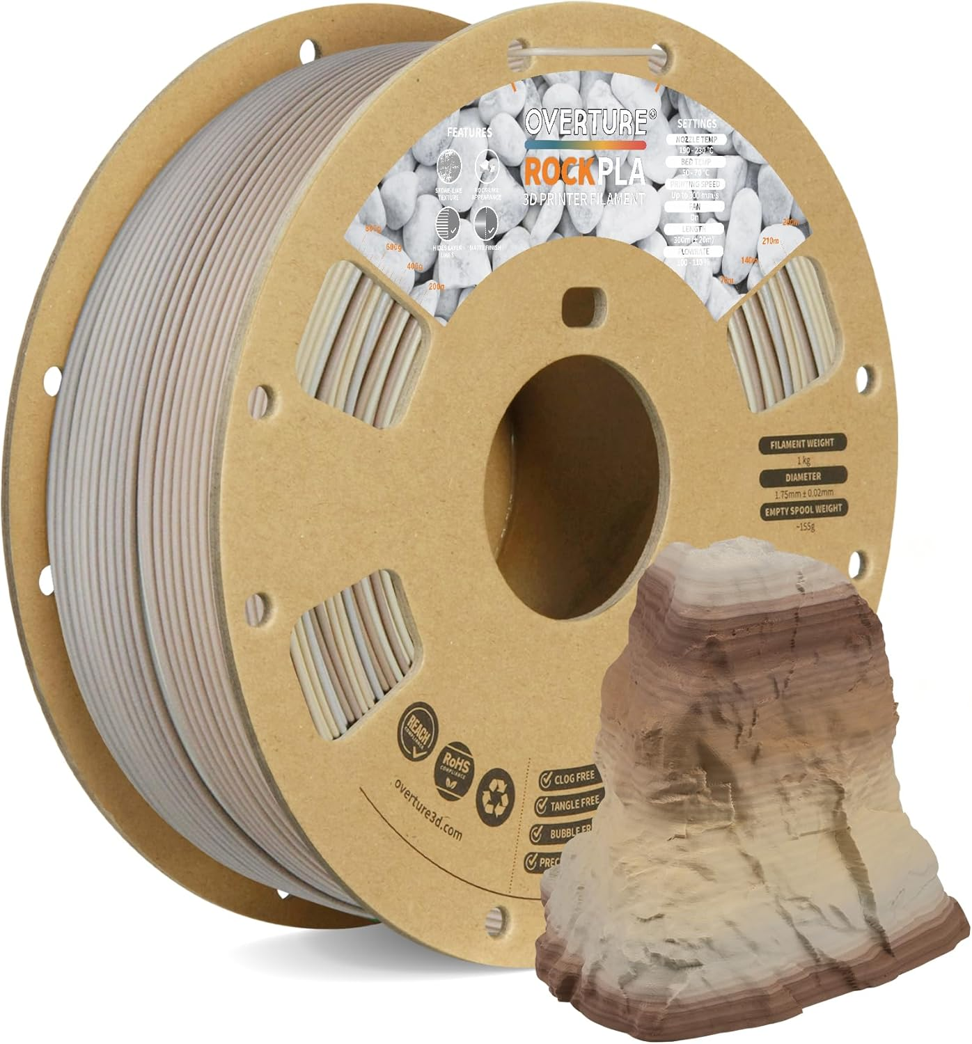 OVERTURE Rock PLA Filament 1.75Mm, Marble PLA 3D Printer Filament 1Kg Spool (2.2Lbs), Dimensional Accuracy +/- 0.02 Mm, Fit Most FDM Printer (Rock White)