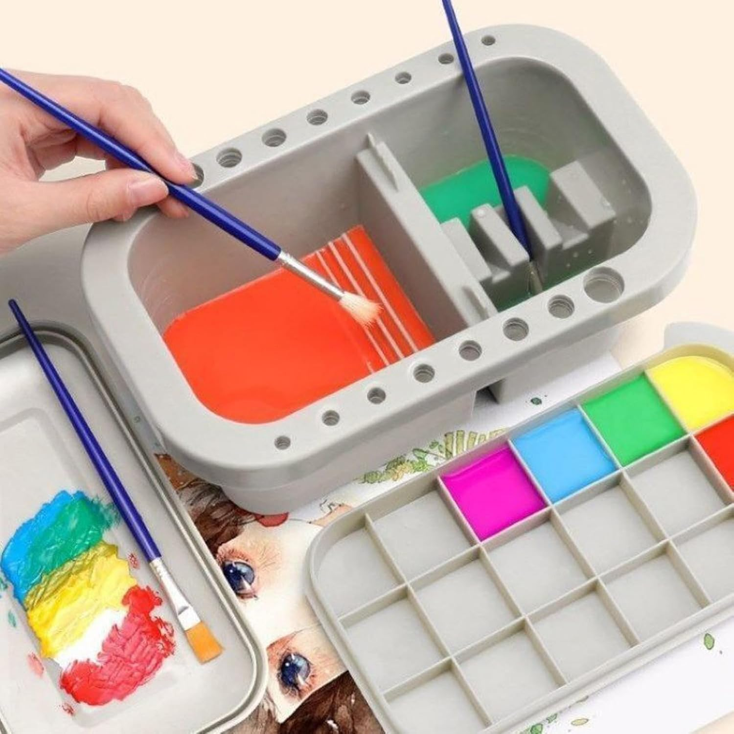 Multi-Function Paint Brush Basin Holder,Paint Brush to Clean Washing Machine,Cover with Tray Palette and 10 Pens,Indoor and Outdoor Watercolor Oil Painting Gouache Cover (Grey) image number 6