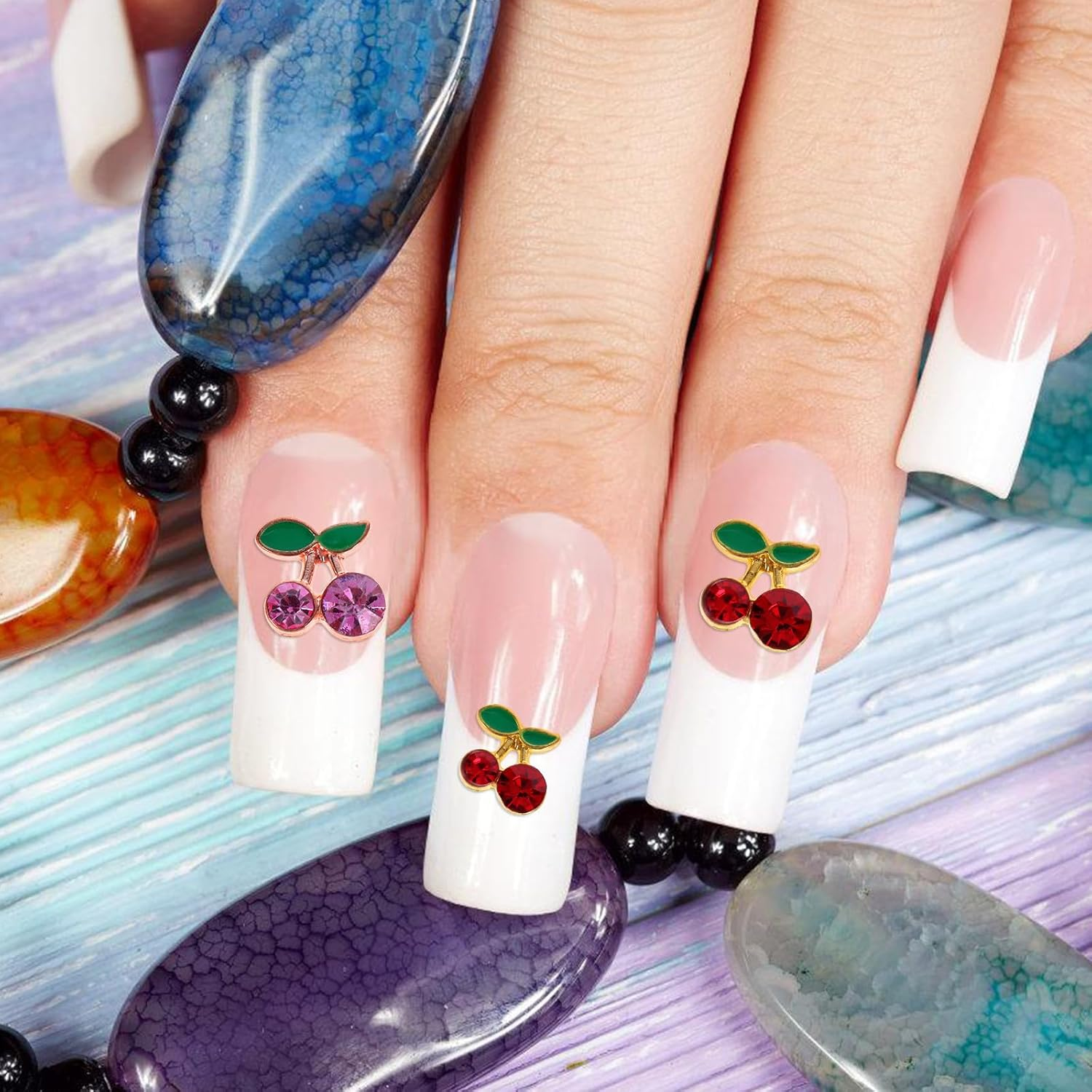 NULYLU 32Pcs Cherry Nail Art Charms for Women DIY Manicure Red and Rose Gold Rhinestone Nail Gems Cute Shiny Cherry Decorations for Natural image number 3