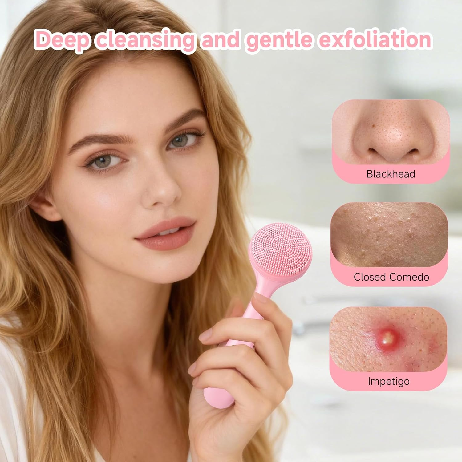 Teccfly 5Pack Silicone Face Scrubber with Handle, 2 Face Scrubber 2 Blackhead Brush 1 Mask Brush, Gentle Facial Exfoliator Waterproof Brush for Daily Deep Cleansing Sensitive Skin image number 3