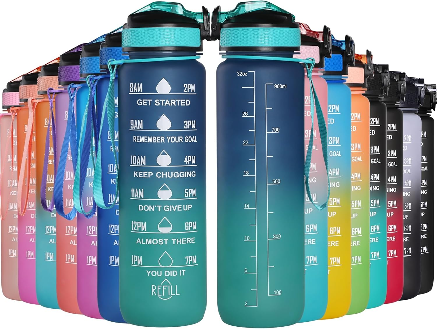 Geeric Sports Water Bottle, 1 Litre Drinking Bottle with Scale & Time Marker Leak-Proof Large Capacity Bottle Straw Cap Durable for Teenager, Adult, Sports, Gym, Fitness, Outdoor, Cycling 32Oz/1000Ml