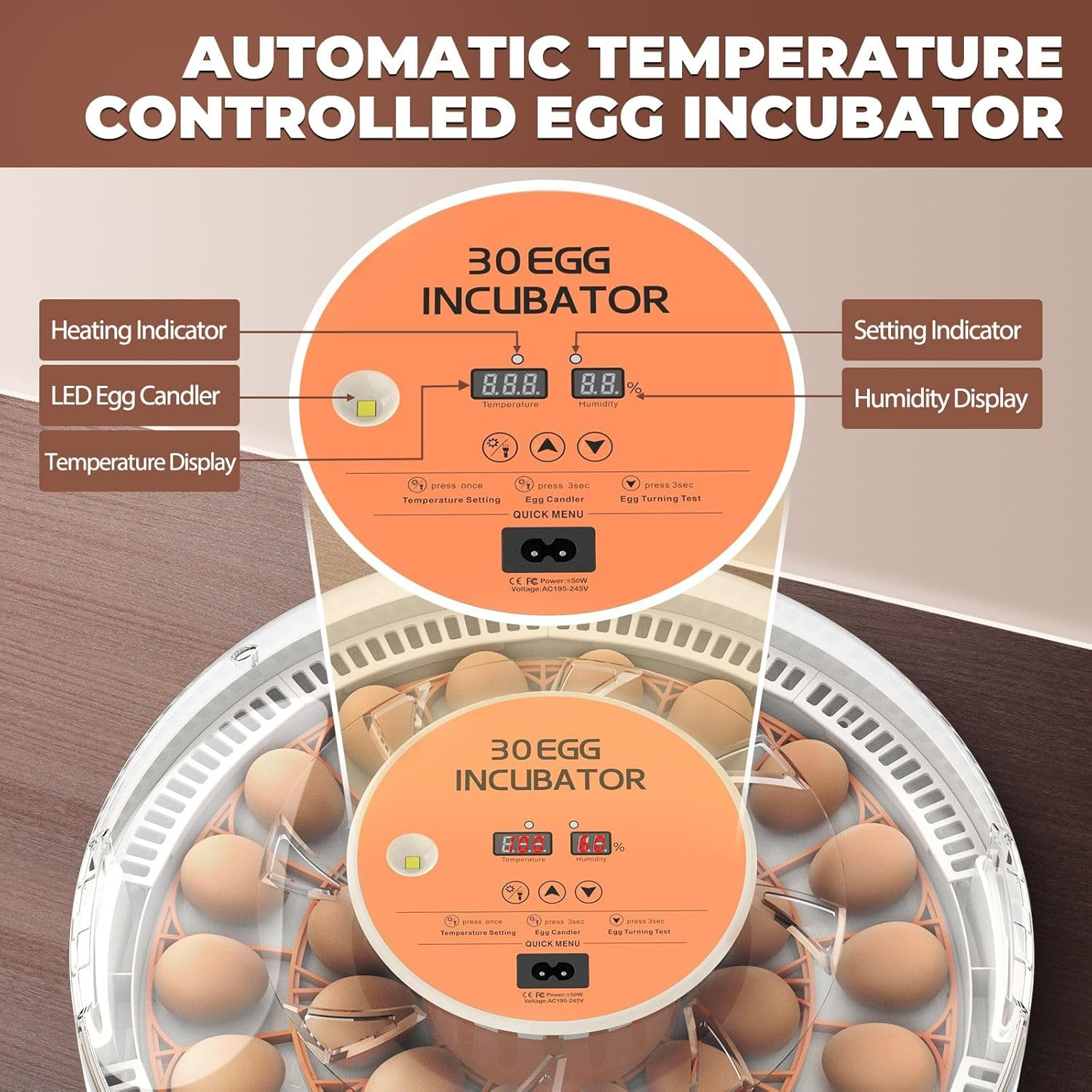 Pet Scene 30 Egg Incubator Automatic Hatcher Hatching Hatchery Machine for Chicken Duck Quail Bird Goose Turkey with Auto Turner Humidity Control LED Candler image number 5