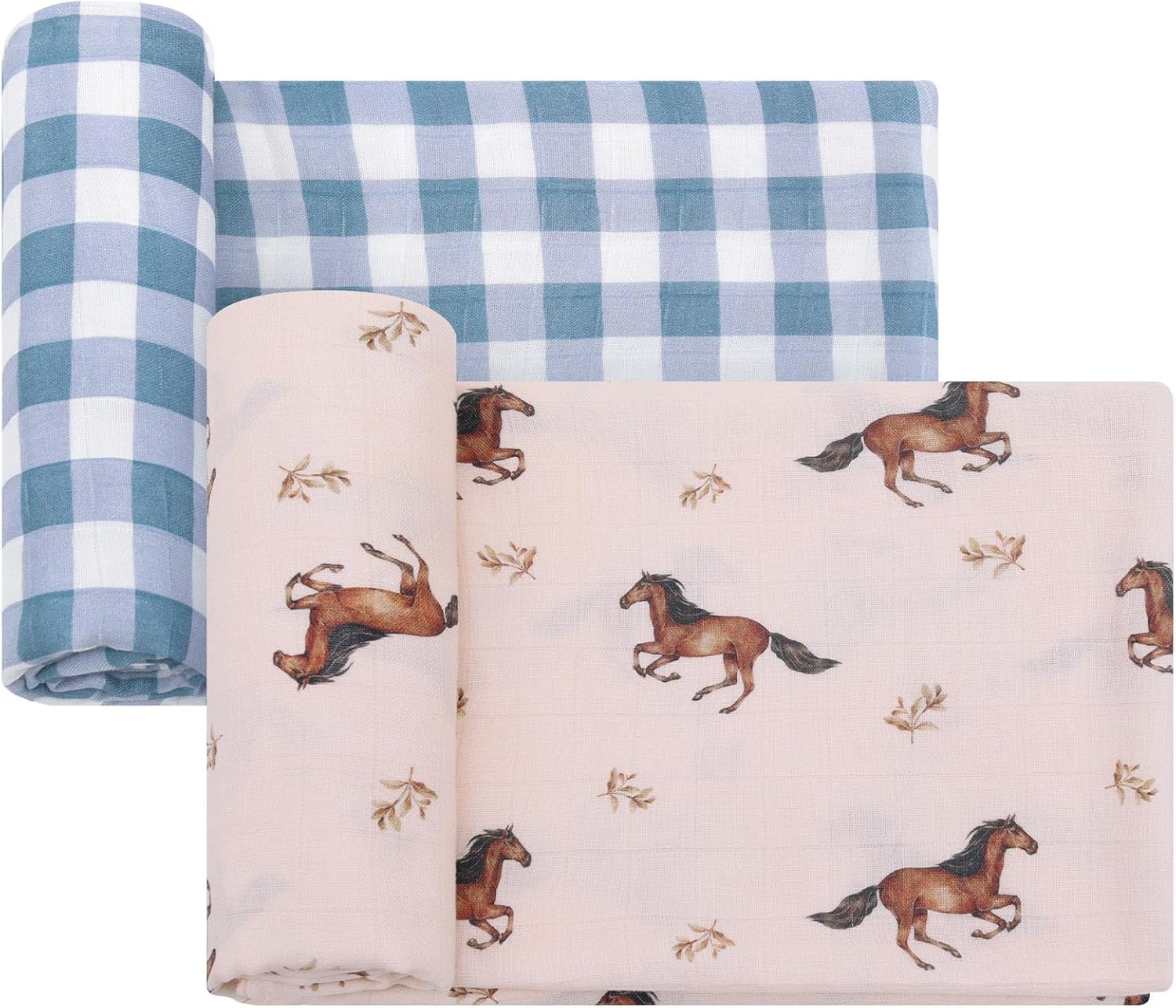 Lifetree Baby Swaddle Blankets, Muslin Wraps Unisex Newborn Receiving Blanket for Boys & Girls, 70% Viscose from Bamboo and 30% Cotton, Soft, Breathable, Large 120 X 120Cm Eucalyptus Pattern - Horsecheckered