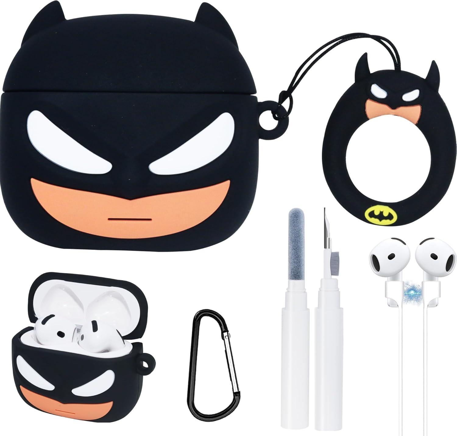 Cute Case for Airpods 4Th Generation Cover, with Magnetic Anti-Lost Cord, Keychain and Cleaner Pen Kit, 3D Cartoon Animal Soft Silicone Funny Cover for Airpods 4 Case Accessories Set for Men - Black image number 5