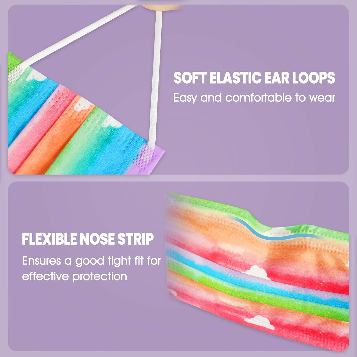 Kids' 60PCS Disposable Face Masks Rainbow Watercolor Cloud Pattern Individually Wrapped 3-Layer Filter Elastic Earloop Skin-Friendly Breathable Comfortable Fit Nonwoven Fabric image number 3