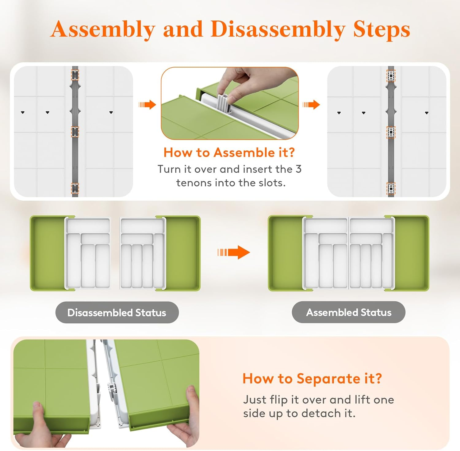 Lifewit Large Silverware Drawer Organizer, Expandable to 36 Inches Wide, BPA Free Plastic Utensil Tray for Kitchen, Adjustable Flatware and Cutlery Holder for Spoons Forks Knives, Green&White