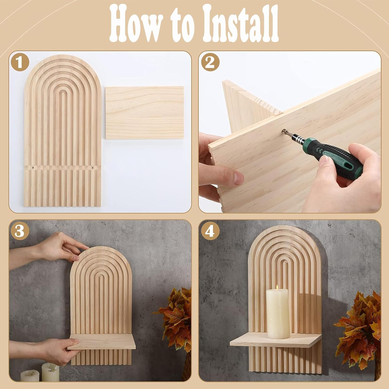 2Pcs Wall Mounted Shelves,Hanging Candle Sconce,Boho Style Display Shelf,Pine Wall Shelf,Wall Shelves Candle Holders,For Living Room Bathroom Bedroom Classroom Office Nursery,Wall Decor