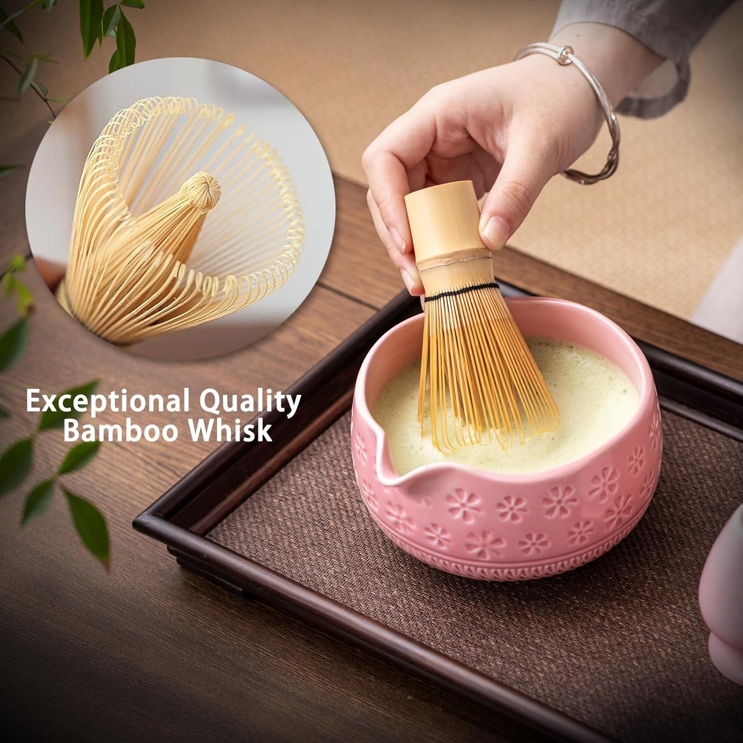 Matcha Whisk Set, Ceramic Matcha Set Includes Matcha Bowl, Matcha Whisk and Holder, Bamboo Scoop, Scoop Rest, Sifter and Tea Towel - 7 Pcs Matcha Kit for Matcha Lovers (Pink) - Mottled Green image number 3