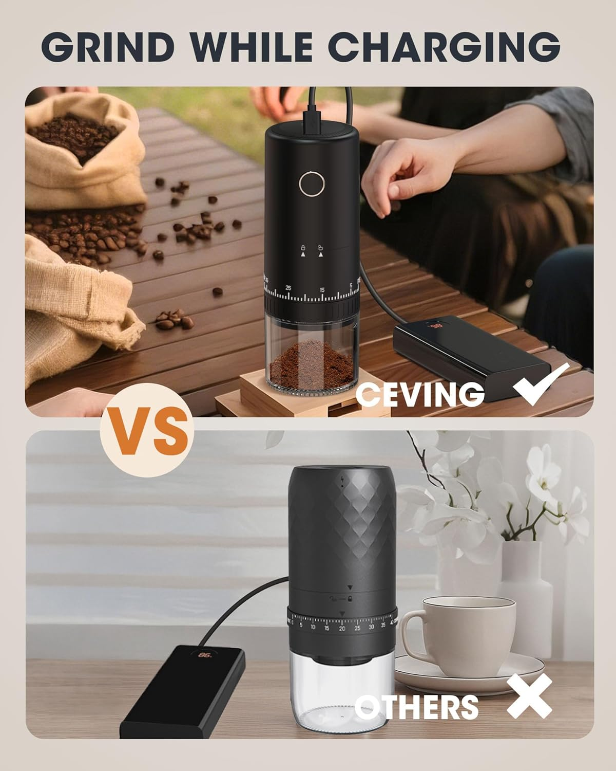 CEVING First Grind-While-Charging Rechargeable Coffee Grinder, 1.7X Faster Grinding with 38 External Adjustable Settings, Conical Ceramic Burrs & 2000Mah Battery, Portable for Travel, Camping, Etc. image number 3