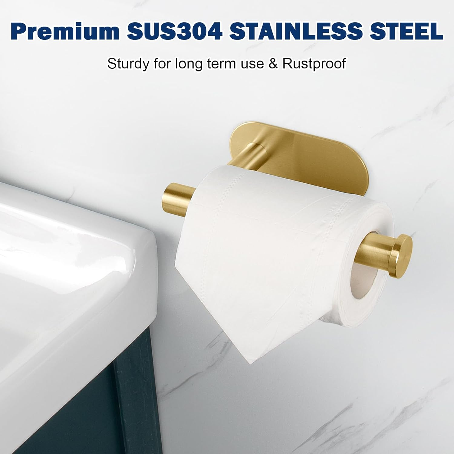 Nearmoon Toilet Paper Holder Self Adhesive, Premium Thicken SUS304 Stainless Steel Rustproof Adhesive Toilet Roll Holder No Drilling for Bathroom, Kitchen, Washroom (3 Pack, Brushed Gold) image number 4