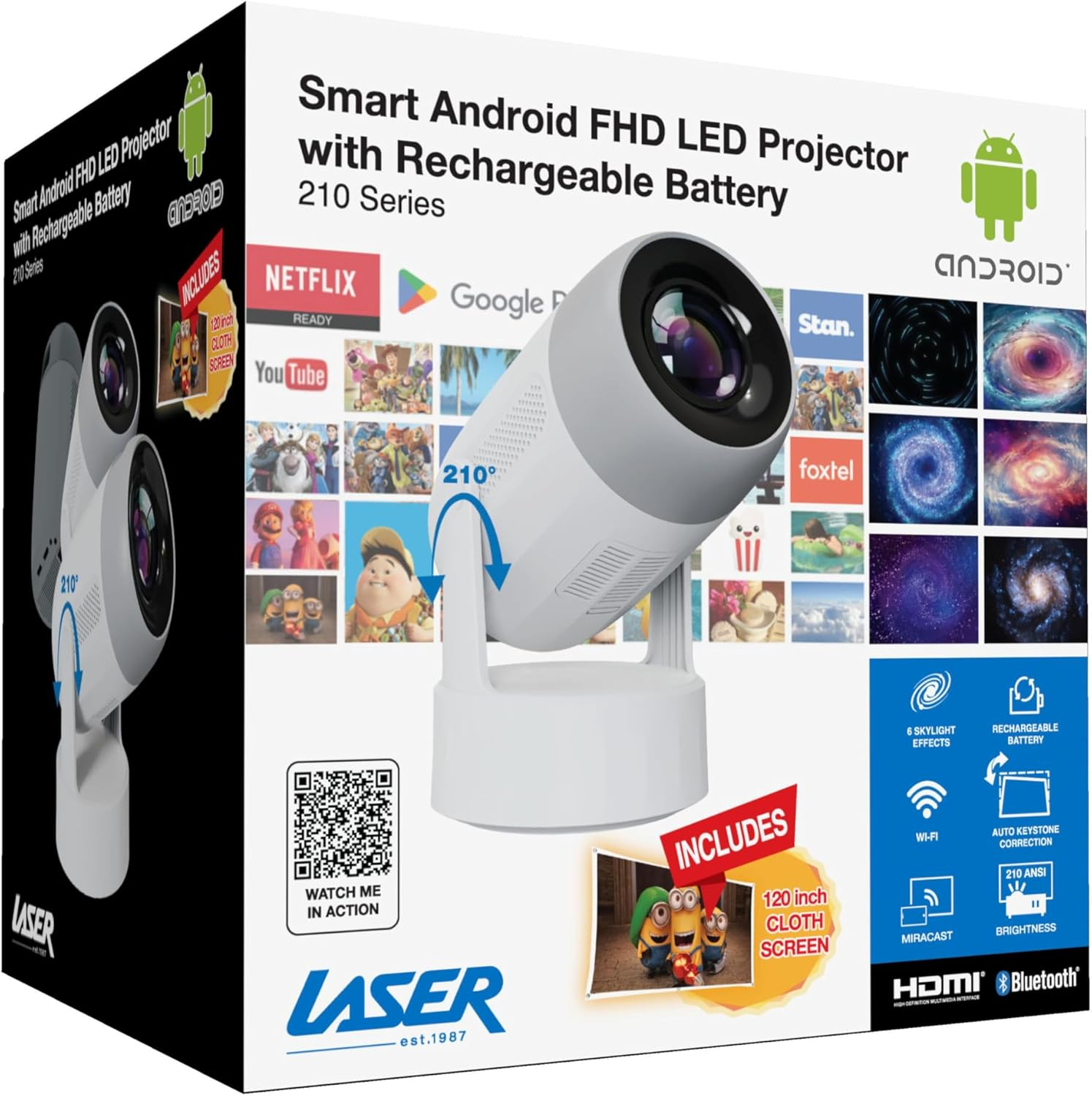 Laser Android LED Full HD 1080P Projector, Dual 3W Speakers, Removable Rechargeable Battery, 120 Inch Screen Included - Wireless Streaming with Bluetooth 5.4, Wifi 6, Built-In Android OS image number 6