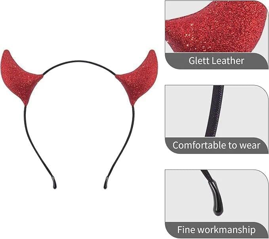 Glitter Devil Horns Headband with Sparkly Devil Ears for Halloween and Cosplay Red and Black Color Options - Fengea