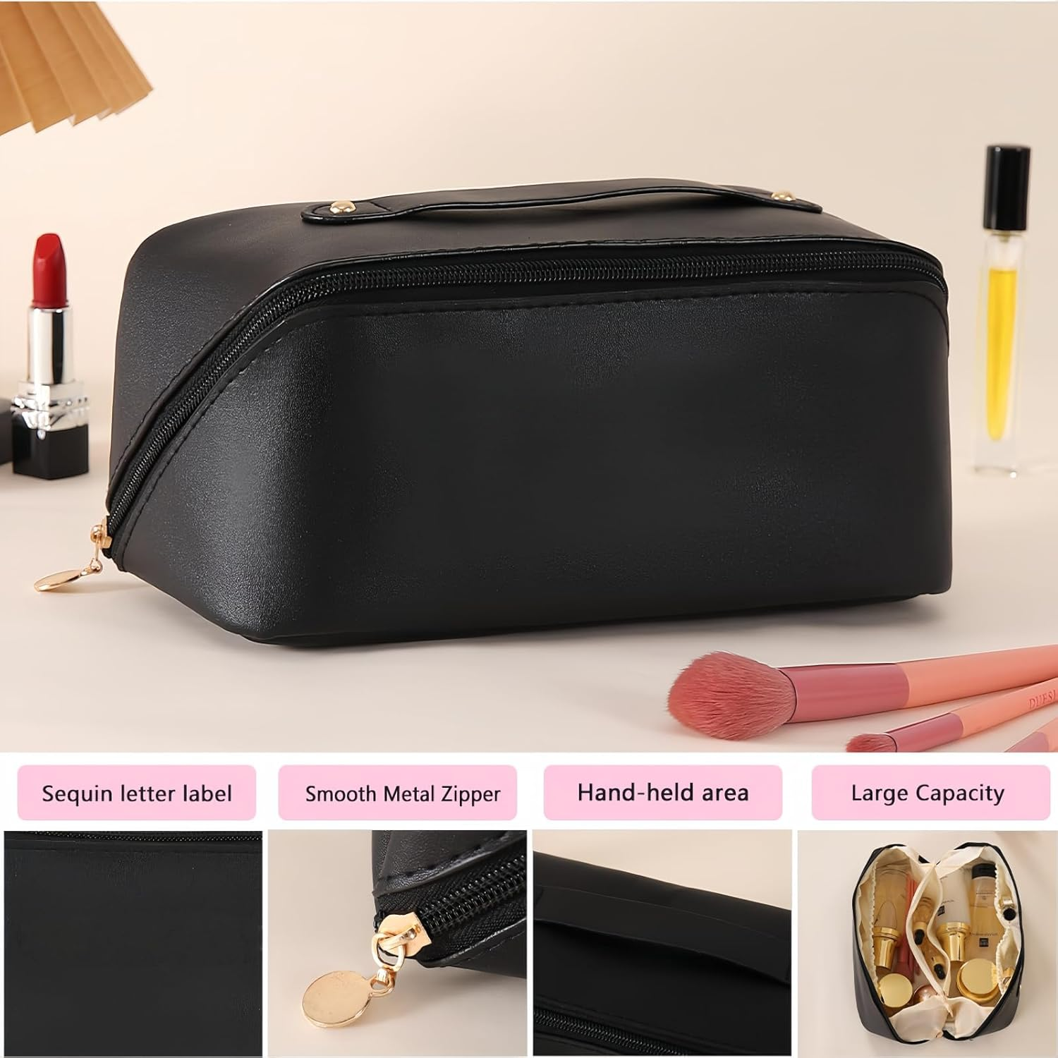 Makeup Bag, Large Capacity Storage Cosmetic Bag,Multifunctional Portable Wash Pouch for Women Travel Storage Bag Skin Care Cosmetics Toiletries (Black) - Black image number 3