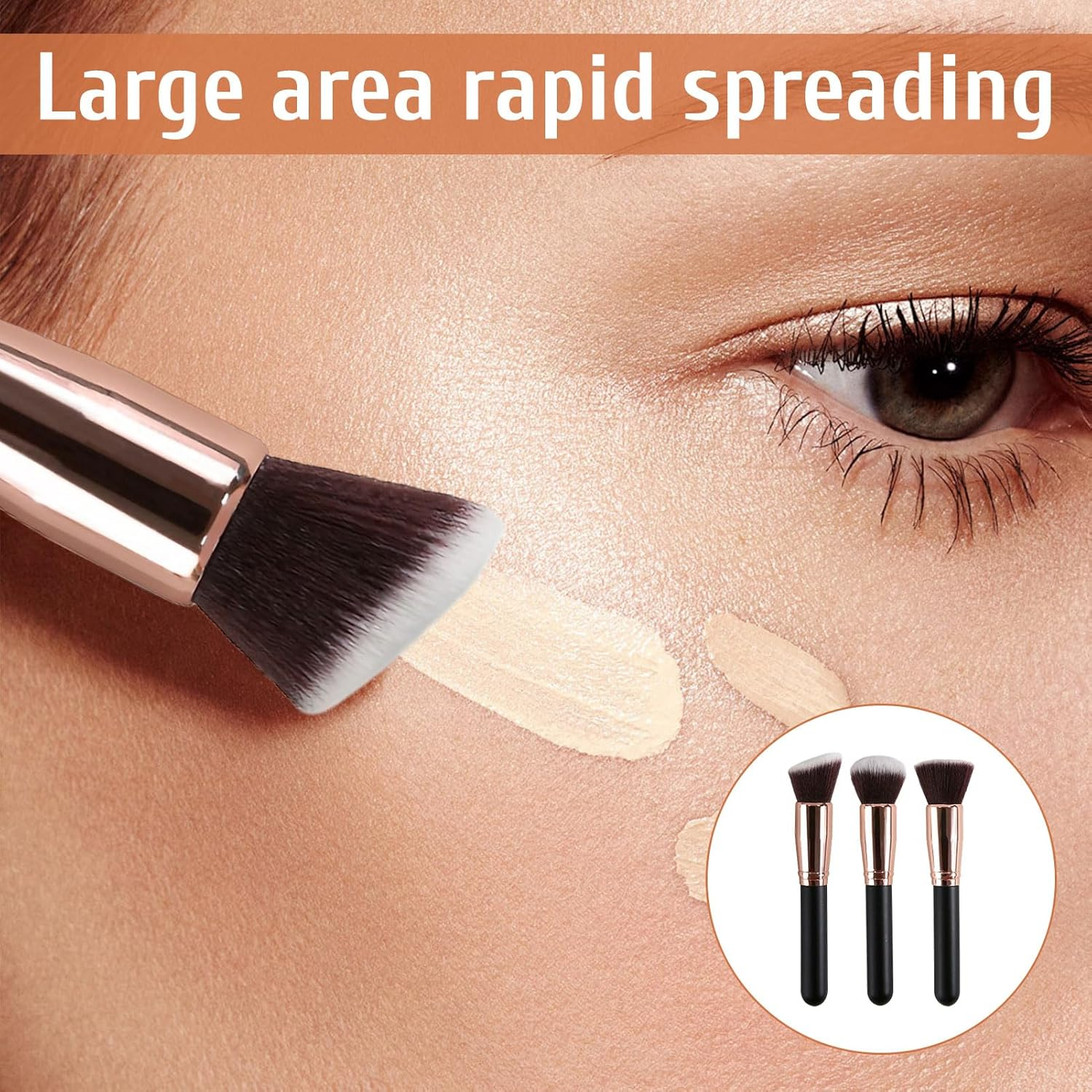 Foundation Brush, 3 Pcs Kabuki Makeup Brushes, Professional Makeup Brush, Flat Top & Angled & Blusher Brush, Body Make up Brushes for Liquid, Bronzer, Cream, Powder, Blending, Buffing, Contour image number 3