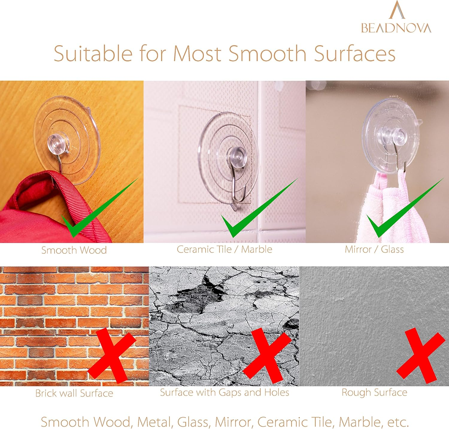 BEADNOVA Suction Cups for Glass 2.5 Inches Suction Hooks Window Suction Cups with Hooks for Home Kitchen Bathroom Wall (12 Packs) - 6Pcs image number 4