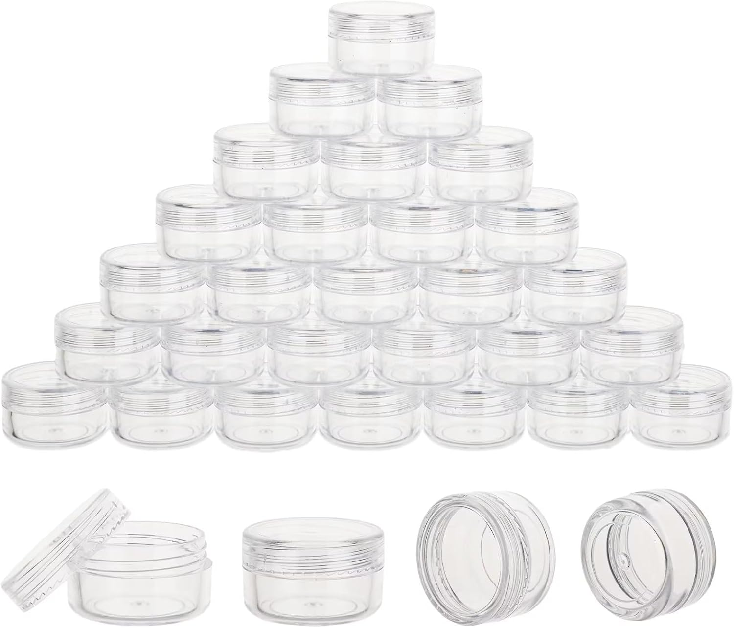 50 Count 5 Gram Sample Containers, Clear Lip Balm Containers with Lids, Small Plastic Sample Jars with 4 Mini Spoons, 50Pcs Labels (Black Lid)