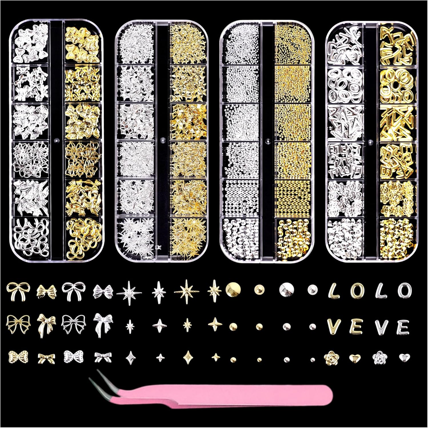 VVQWCY 4 Boxes of Nail Charms, 48 Types Charms Nails, Gold Silver Star Bows Letter Flowers Hearts Dots Nail Decoration image number 3