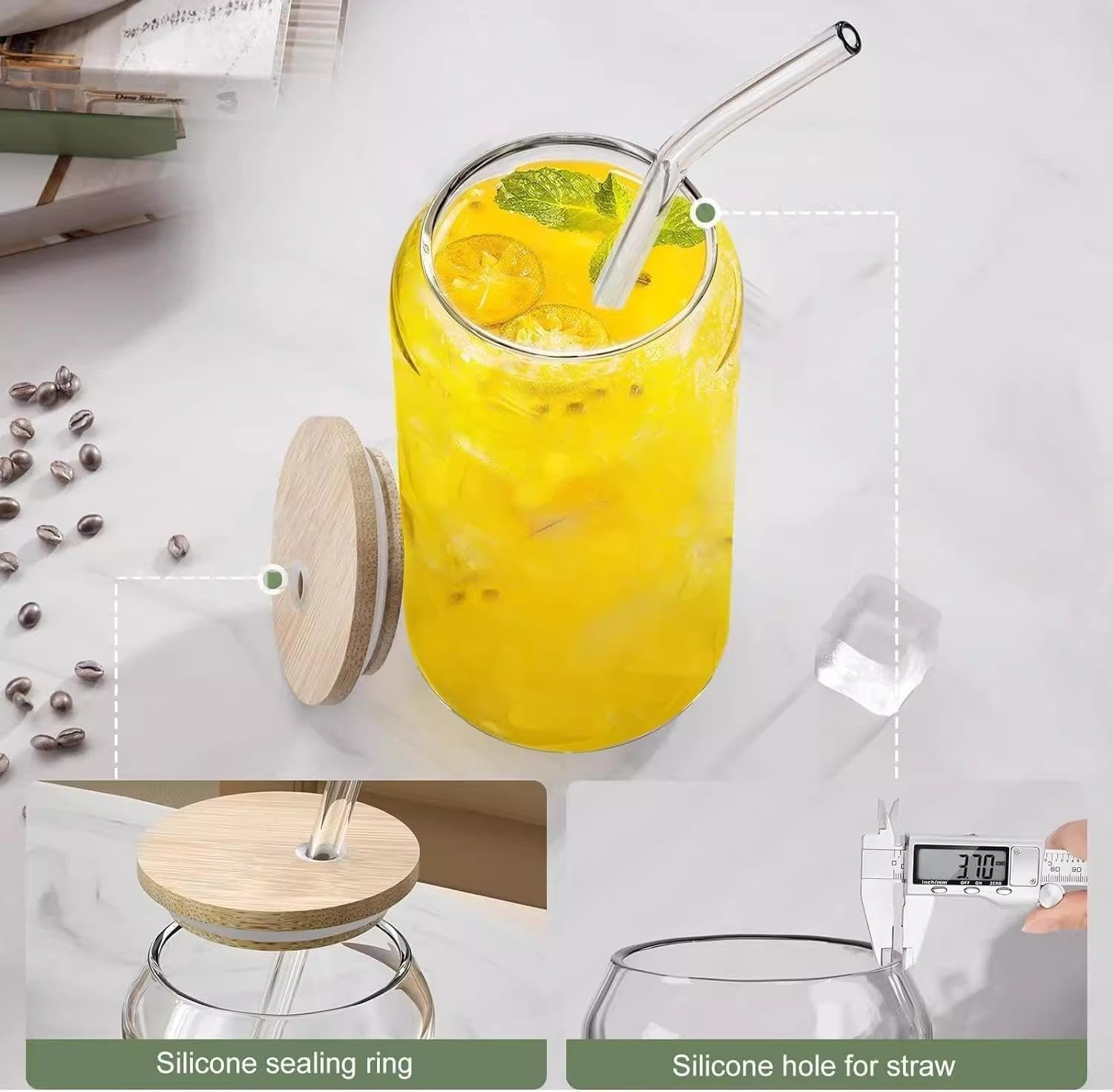 Drinking Glasses with Bamboo Lids and Glass Straws-4Pcs Set 500Ml Glass Cups for Iced Coffee, Bubble Tea, Smoothie, Beer Glass - Dishwasher Safe with 2 Brushes, Ideal for Home Bar & Aesthetic Gift image number 5