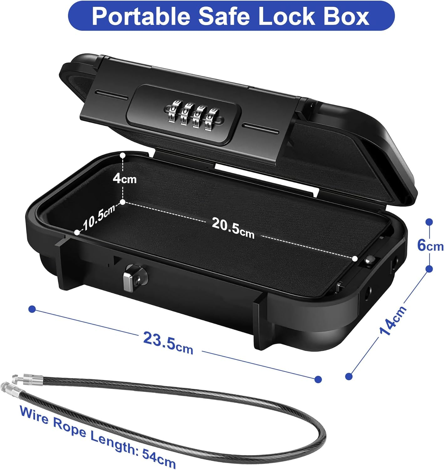 Aumerage Portable Safe Box, Combination Security Case Lockbox with Code, Waterproof Shockproof Travel Safe Lock Cash Box with Removable Wire Rope for Dorm, Travel, Beach, Hotel, Car, Home image number 3