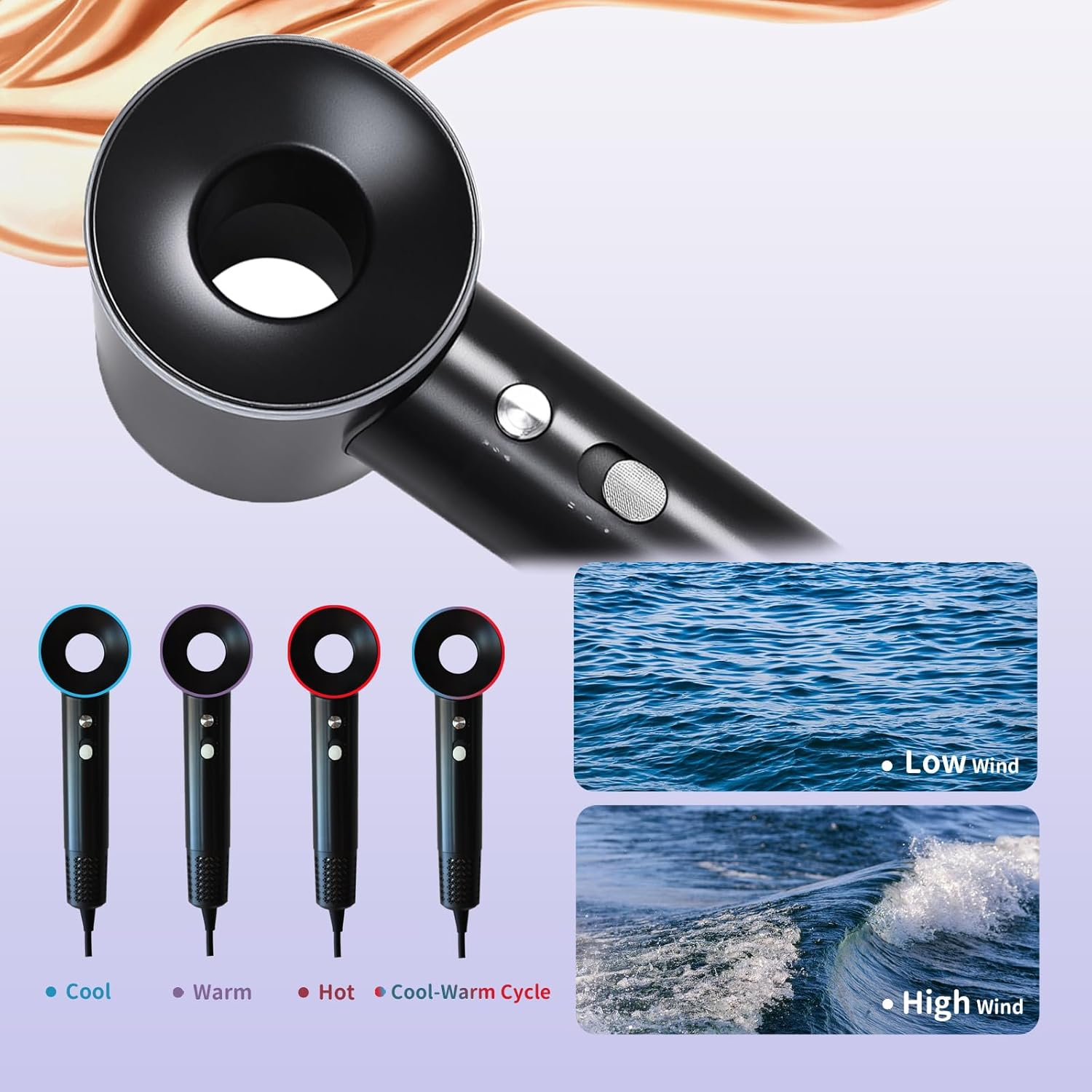 Hair Dryer,Nazha Professional High-Speed Ionic Hair Dryer with 110,000 RPM Brushless Motor 1600W Powerful Fast Drying Low Noise Blow Dryer with 1 Magnetic Attachments,Compact & Quiet for Travel, Blow Hairdryer for Women or Men-Au Plug(Black) - Black image number 3