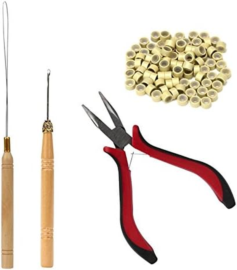 1 Set Hair Extension Tool Kit Plier Hook Pulling Needle 200Pc Micro Silicone Link Rings Beads for Professional Hair Styling Tools Accessory (# 1)