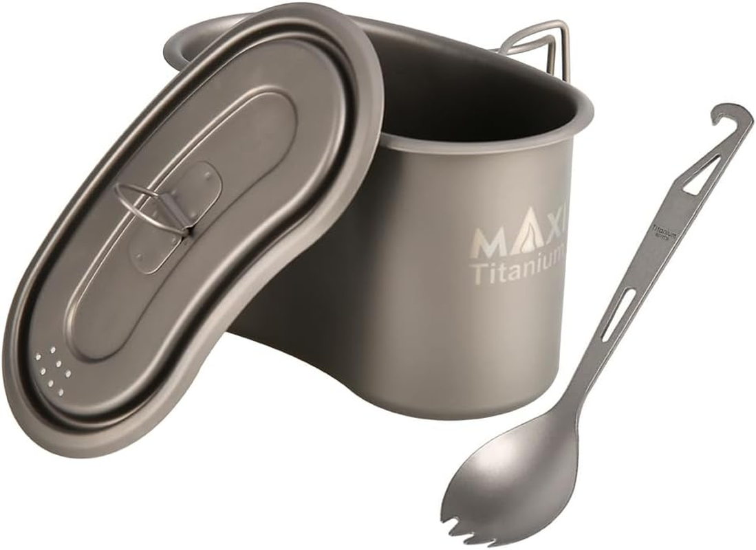 Titanium GI Cup and Titanium Spoon Combo, Camping Bowl 950Ml Lunch Box with Foldable Handle for Outdoor Camping Hiking Backpacking (Cup+Titanium Spork)