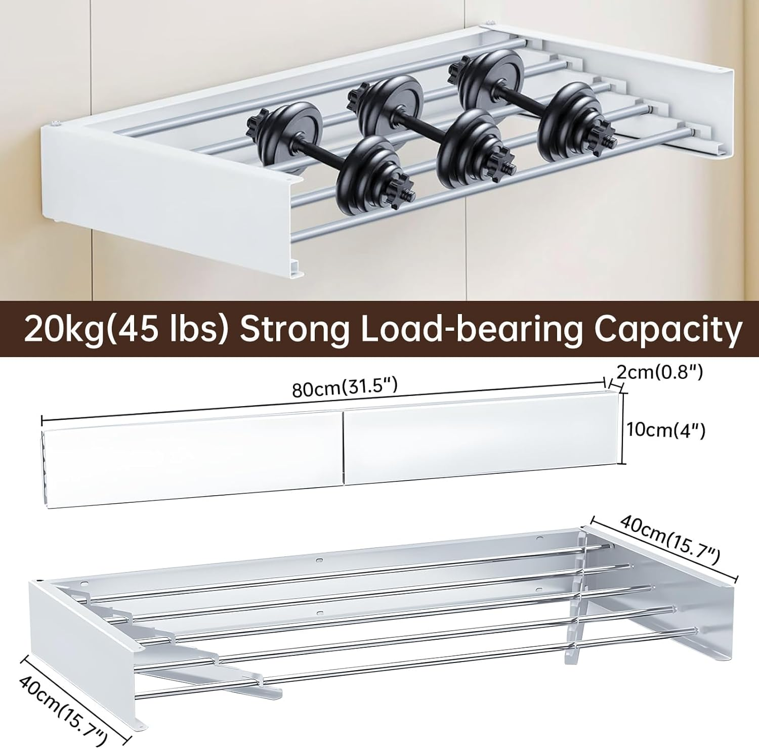 Laundry Drying Rack Collapsible, Wall Mounted, Clothes Drying Rack, 31.5" Wide, 13.1 Linear Ft, 5 Aluminum Rods, 45 Lb Capacity, with Wall Template, Screwdriver Bit(White) image number 3
