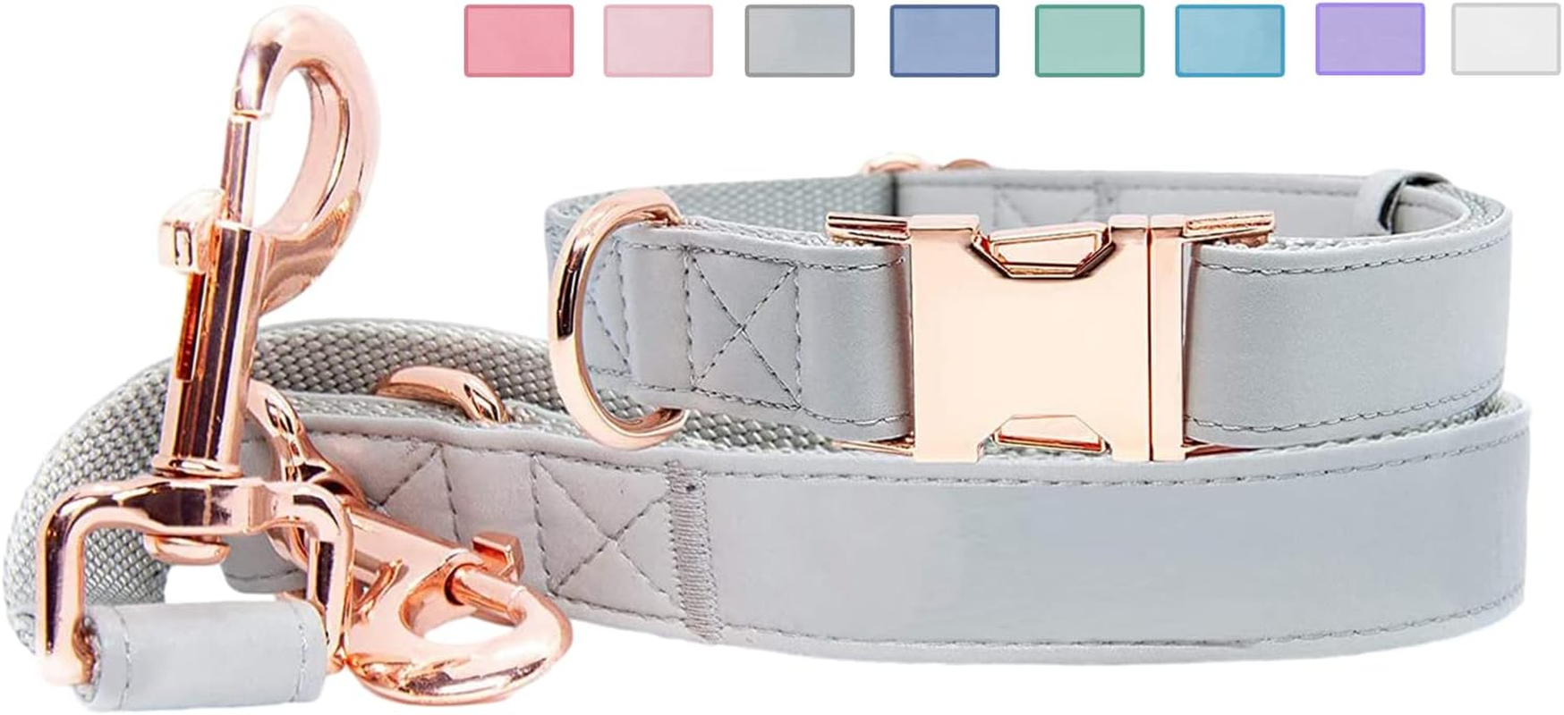 Soft Leather Dog Collar and Leash (6.6') Set - Stylish Rose Gold Heavy Duty Metal Buckle, 4 Adjustable Lengths Leash for Small Medium Large Dogs - Comfortable & Easy to Clean (Green, L(15.4"-24.8"))